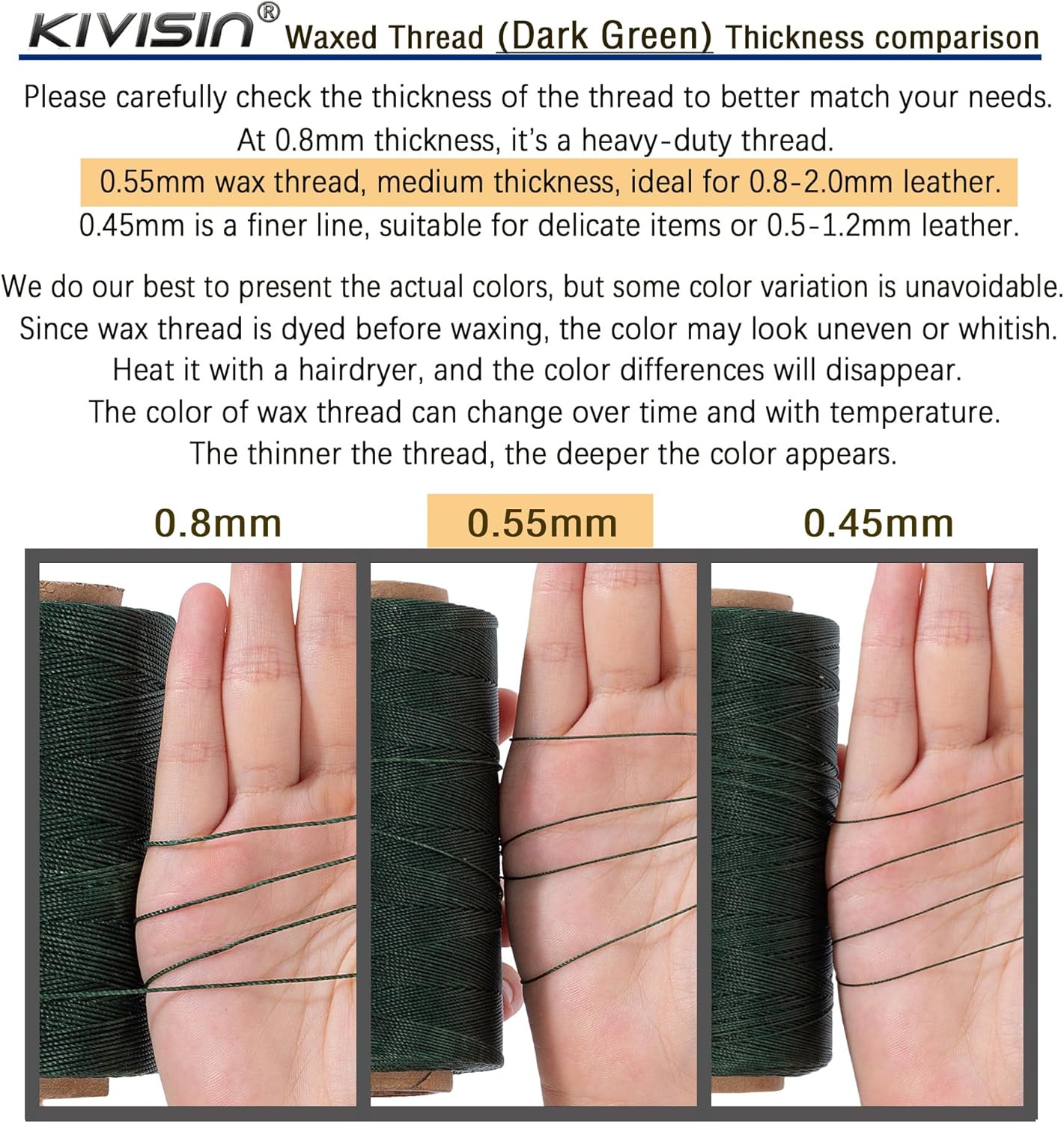 Round Waxed Polyester Thread 0.55mm, 440 Yards, Dark Green, Stiff 3 Ply Leather Wax String for Hand Sewing, Beading, Knotting, Book Binding, Upholstery, Macrame Jewelry and Bracelets Making