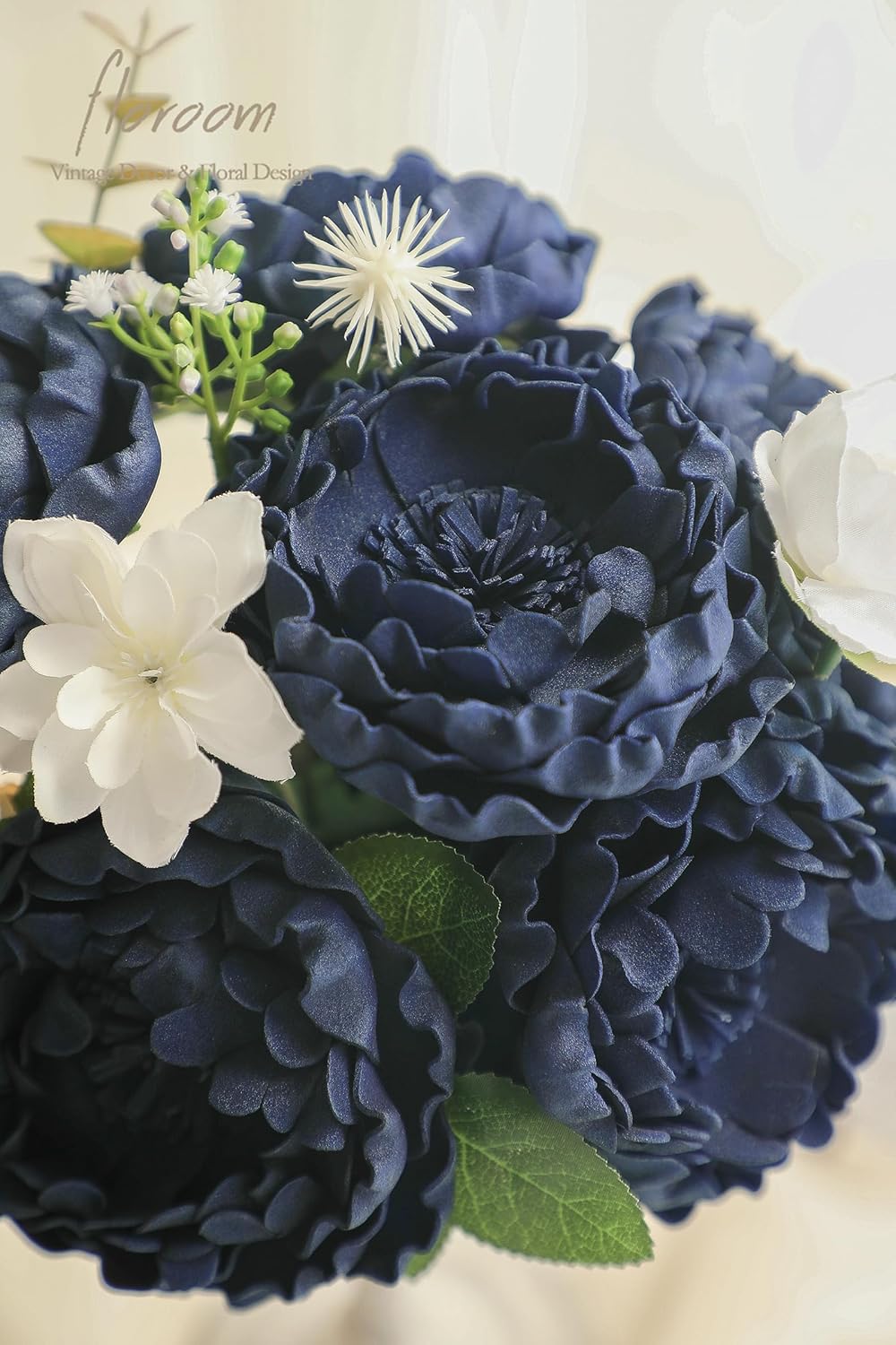Floroom Artificial Flowers 16pcs 4" Navy Blue Blooming Peonies Real Looking Foam Fake Peony with Stems for DIY Wedding Bouquets Bridal Shower Centerpieces Floral Arrangements Party Tables Decorations