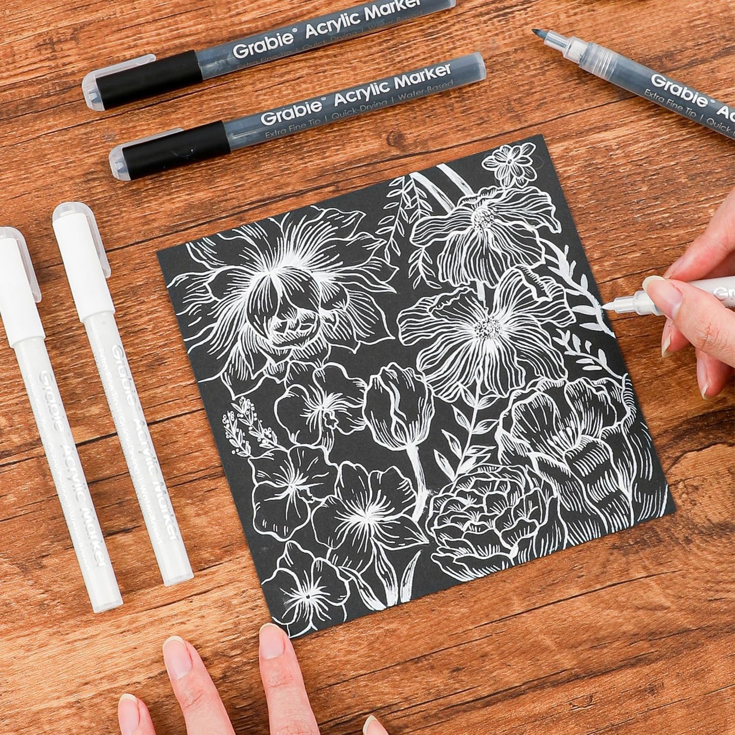 Grabie Black&White Extra Fine Tip Acrylic Paint Marker Set, 6 Pack, 0.7mm Acrylic Paint Pens for Highlights, White Highlight Markers