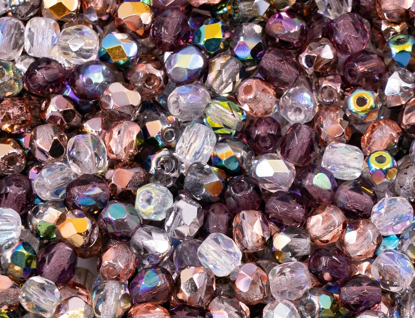 1.8 oz (50 g, cca 600pcs) Mix of Faceted Fire Polished Pressed Czech Glass Beads, Sparkling Shiny Mix