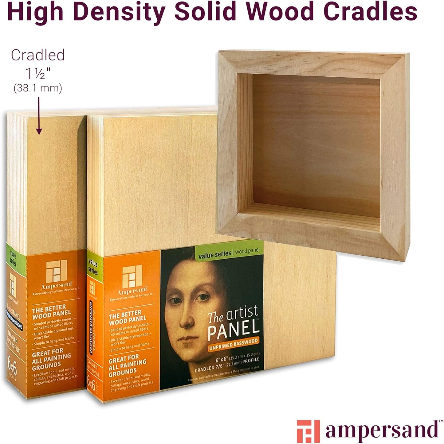 Ampersand Art Supply Unprimed Basswood Artist Panel, 1-1/2" Cradled Profile, 16"x20"