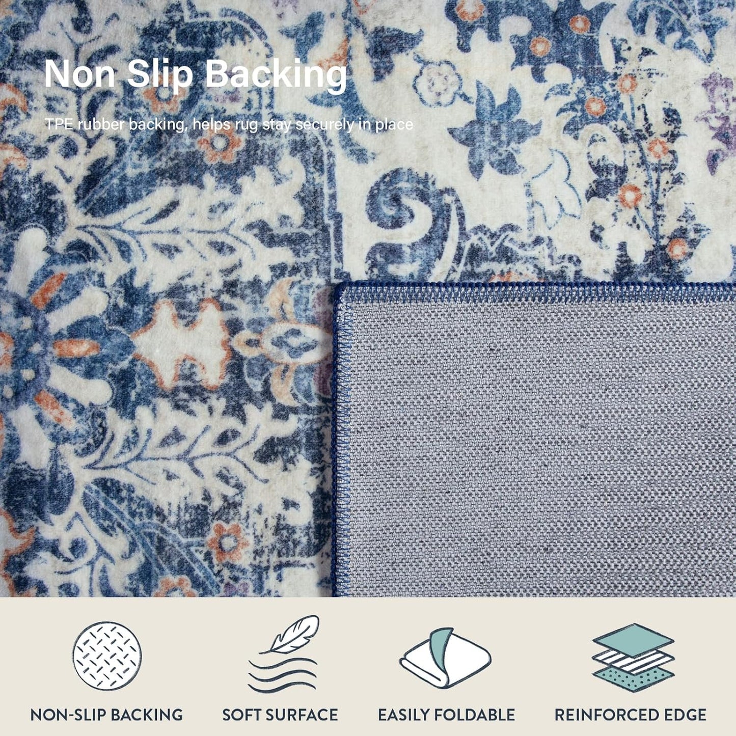 Lahome Bohemian Floral Medallion Area Rug - 4x6 Blue Washable Living Room Rug Soft Bedroom Mat, Non Slip Indoor Floor Carpet for Foyer Entryway Classroom Sunroom Bathroom