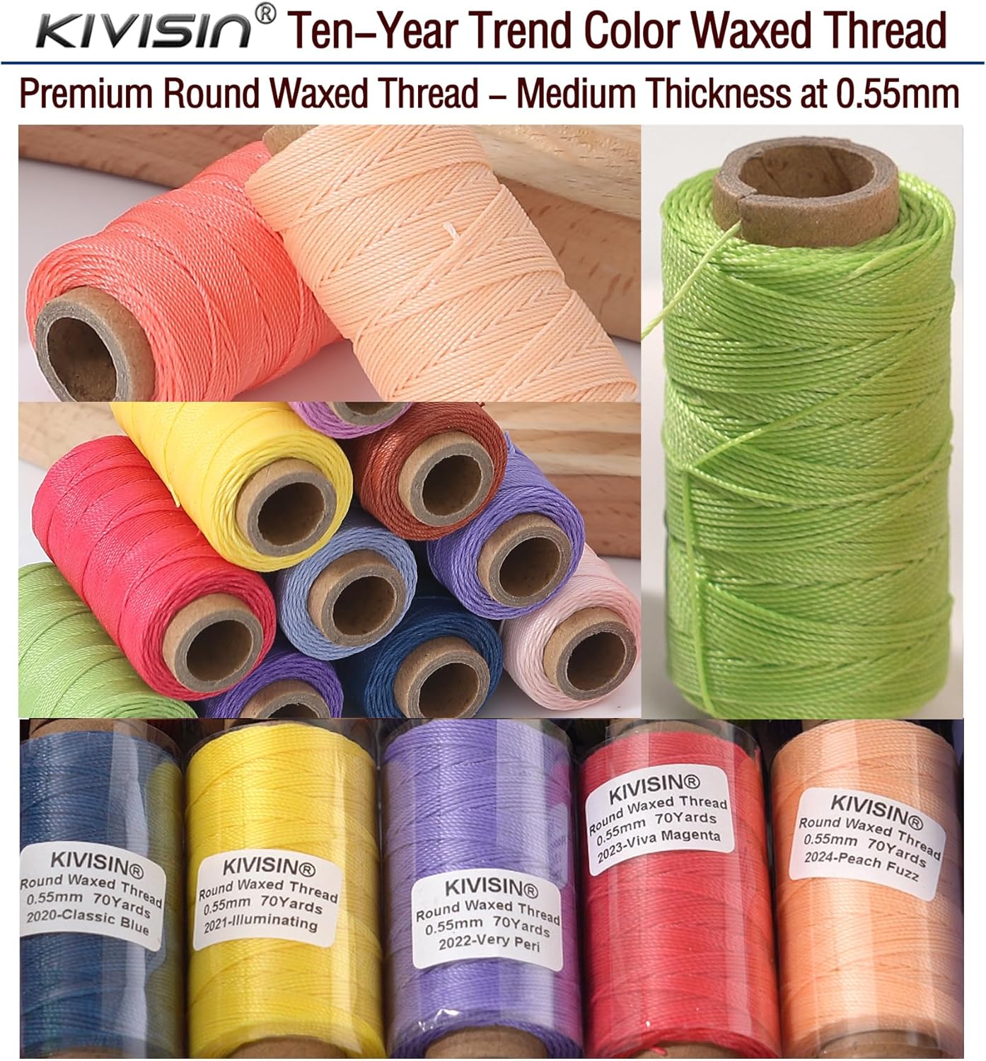 10-Year Popular Assorted Colors Round Waxed Thread -0.55mm 70 Yards 12 Spools Stiff Polyester Wax Cord for Beading, Leather Sewing, Bookbinding, Bracelets Braiding, Micro Macrame Craft Making