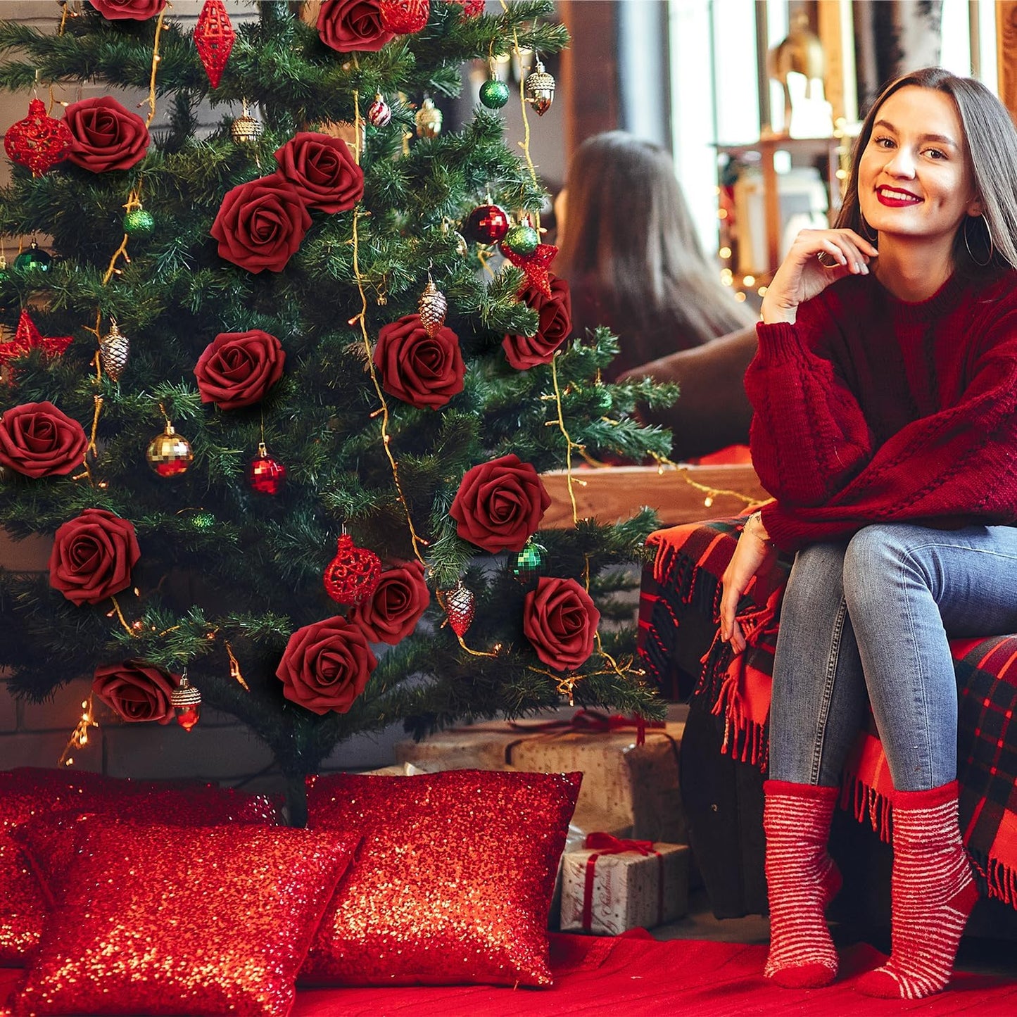 Artificial Flowers Foam Fake Roses 25pcs Red Roses with Stems for Home Decor DIY Wedding Bouquets Party Bridal Shower Centerpieces Faux Flower Arrangements Tables Decorations