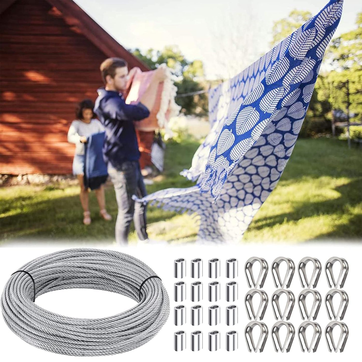 1/8 inch Wire Rope Kit, Haploon 33ft Wire Cable Rope Stainless Steel Cable Railing kit, 50 Pcs Aluminum Crimp Sleeves and 12 Pcs Thimble for Decking,Railing,DIY Outdoor Shades, Picture Hanging