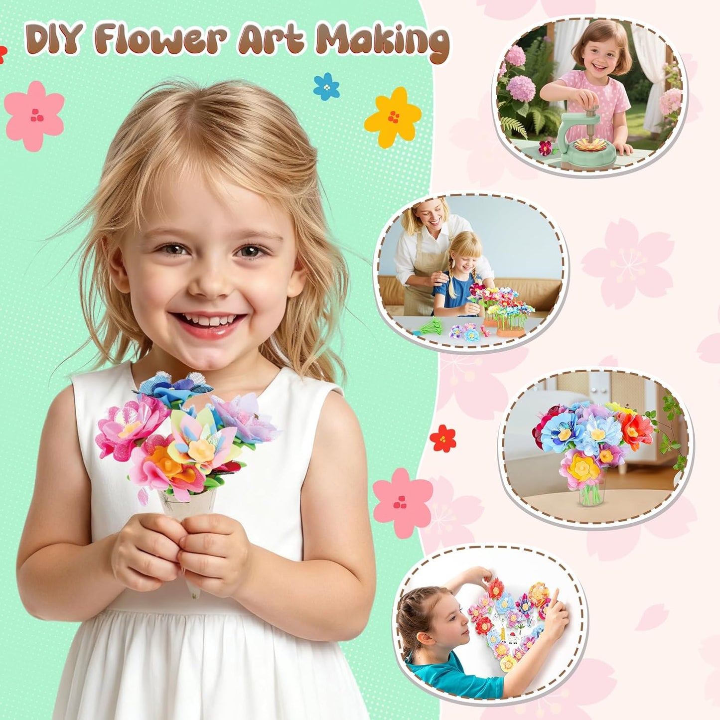 GirlsHome 300+PCS Fabric Flower Bouquets Toys, DIY Flower Crafts Kits for Kids, Arts and Crafts for Kids Ages 6-8 Girls, Build Flower Bouquet, STEM Educational Toy Preschool Gifts (Green Brown)