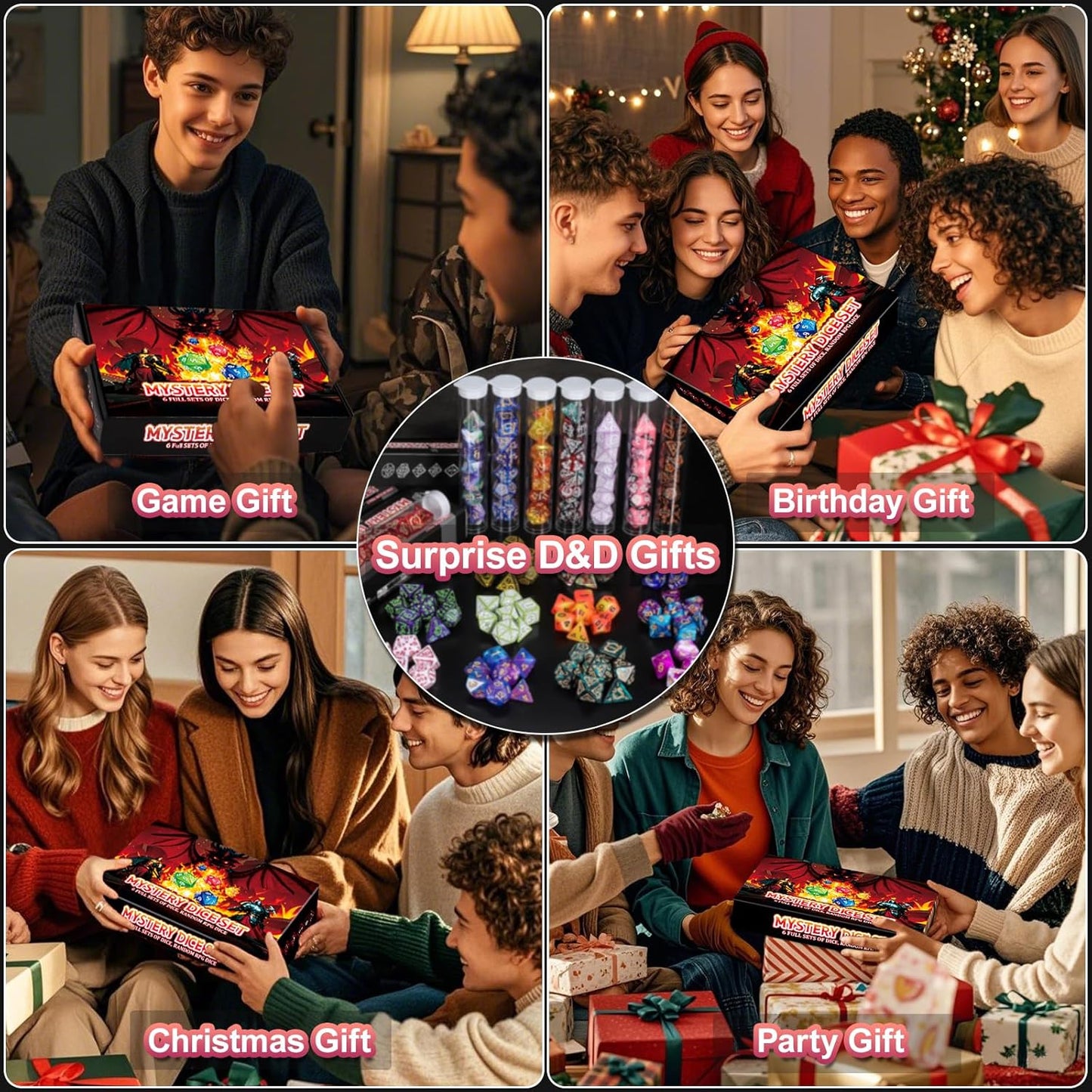 QMAY Mystery Dice Box - 48PCS DND Dice Set, Random Dice Patterns, 6 Surprise Boxes, Polyhedral Dice with Dice Display Tube, D&D Gifts Box for Dungeons and Dragons, RPG, MTG,Role Playing Table Game