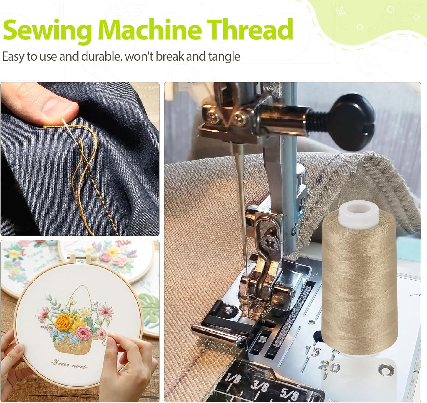 Serger Thread 4 Cones 3000 Yards Each Spool All Purpose Polyester Thread 40S/2 for Sewing, Serger, Overlock, Quilting, Piecing-Dark Khaki