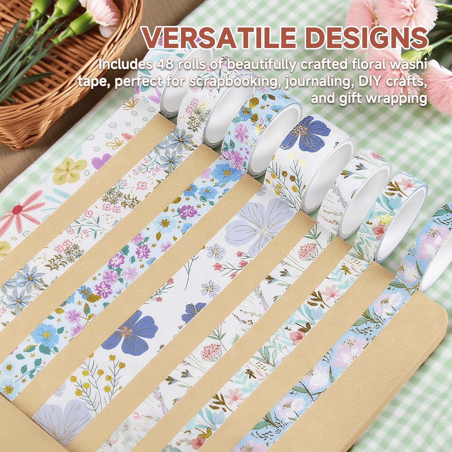 Floral Gilding Decorative Washi Tape Set,48 Rolls,Colorful Craft Tape for Journaling,DIY Crafts,Scrapbooking (Pin+Purple+Green+Blue)