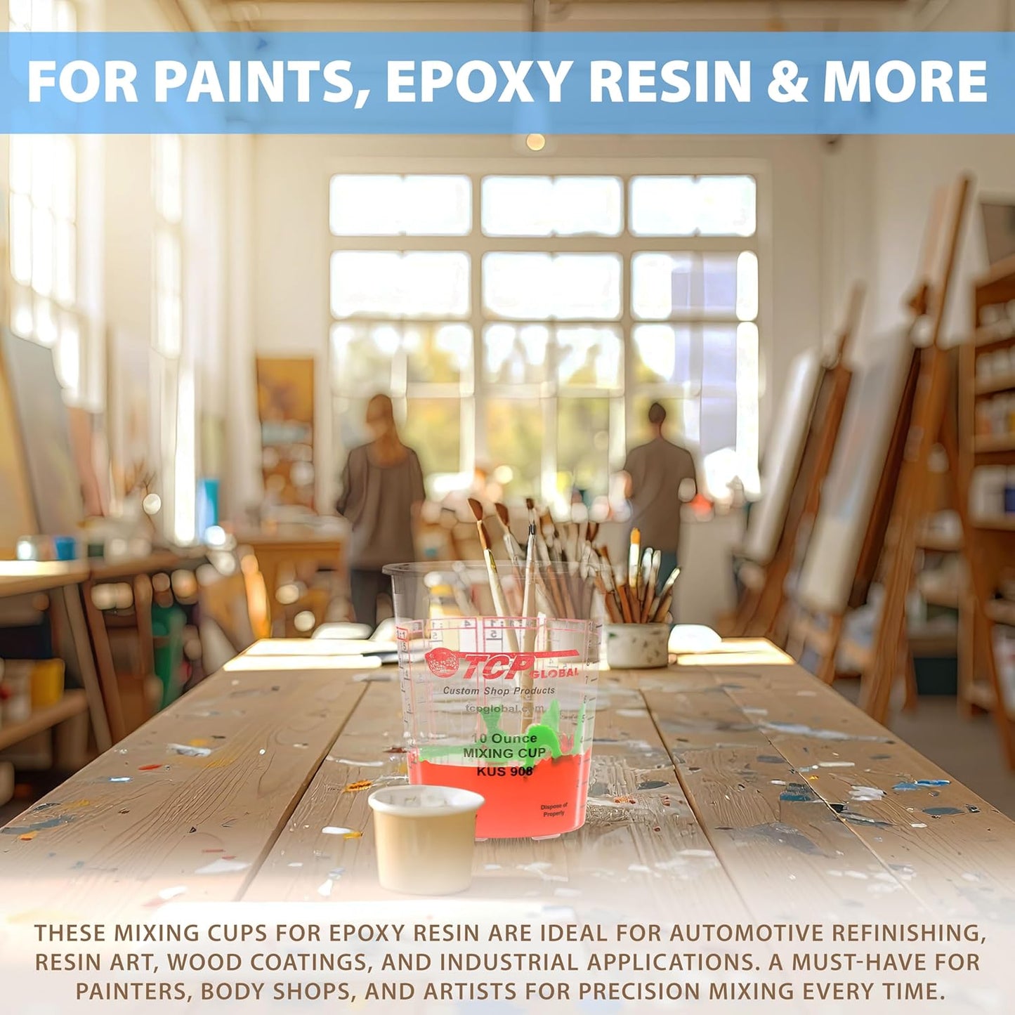 TCP Global Complete Paint Mixing Kit - 12 Cups with Lids, Mixing Sticks, Paddles, Strainers - Epoxy Resin Measuring Cups, Plastic Paint Cup Containers for Automotive & Art Projects