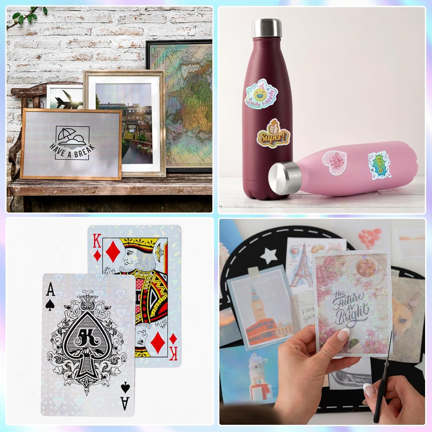 36 Sheets Holographic Sticker Paper,Holographic Laminate Sheets,A4 Size Clear Vinyl Sticker Sheets Self-Adhesive Rainbow Overlay Sheets with 6 Styles Mixed,11.7 x 8.3 Inches