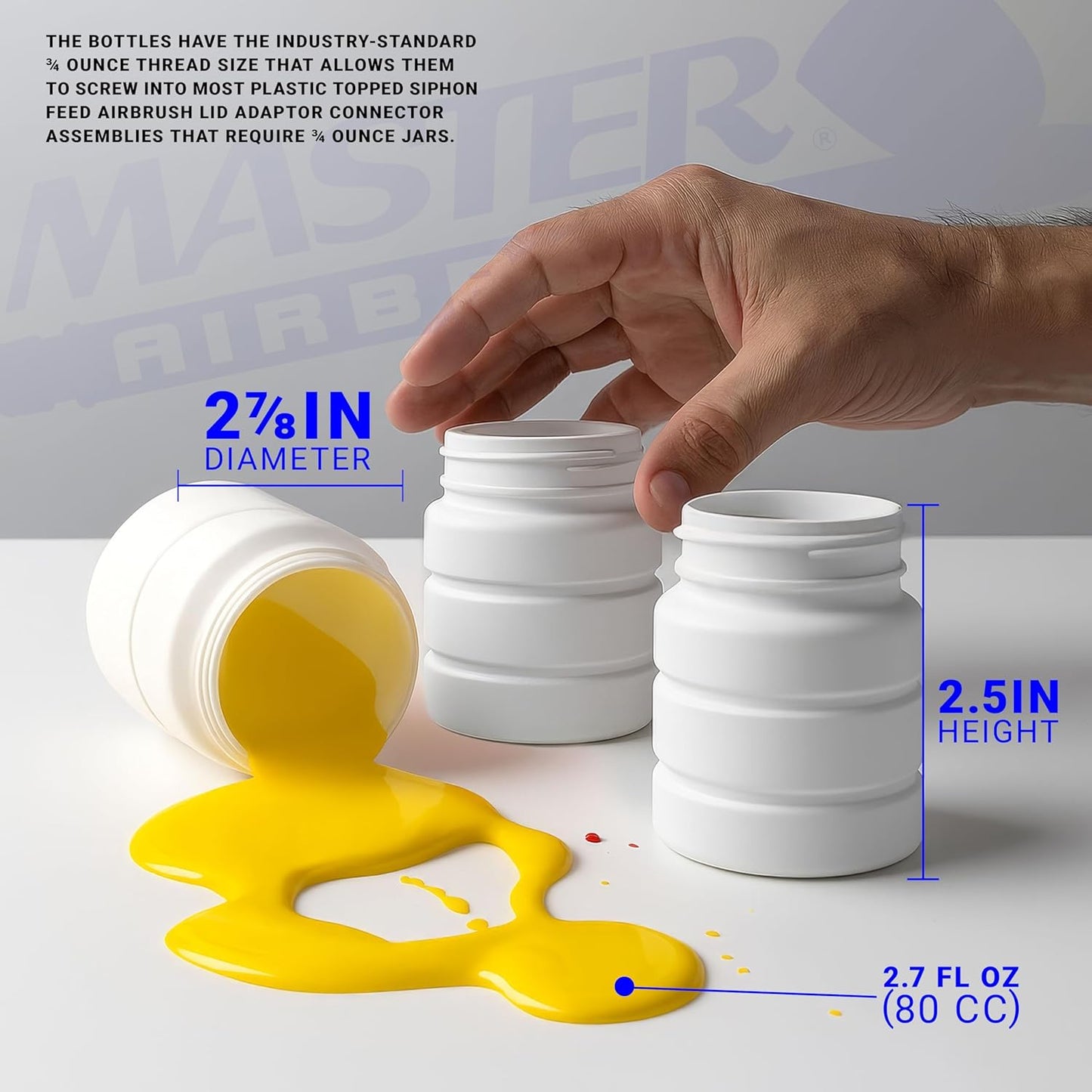 Master Airbrush (Pack of 10) TB-006 Empty 2.7-Ounce (80cc) Plastic Jar Bottles with 30° Down Angle Adaptor Lid Assembly - Fits Dual-Action Siphon Feed Airbrushes, Use with Master, Badger Paasche Iwata