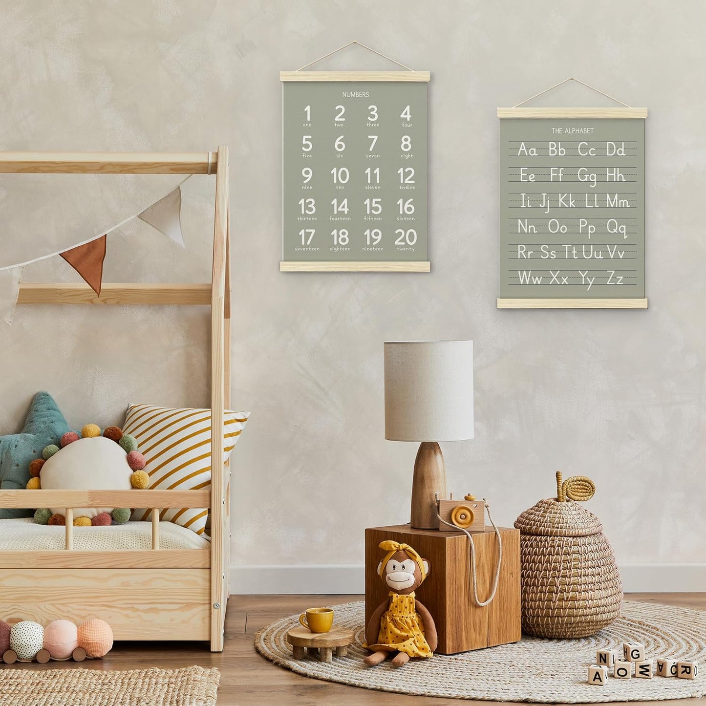 BONETAT Numbers alphabet poster for Nursery Toddlers, Play Room Wall Decor, ABC Wall Chart, Wall Hanging Decor for Toddler Playroom Decor Kids Wall Decor, Wooden Frame Alphabet Banner-A06