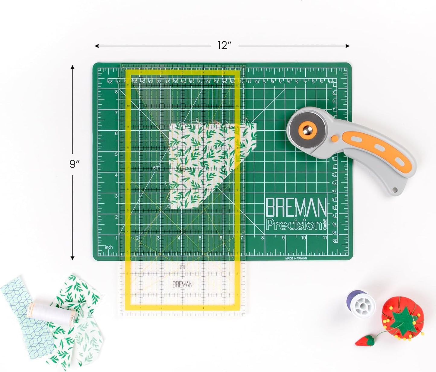 WA Portman Self Healing Cutting Mat & Rotary Cutter Set – 45mm Rotary Cutter for Fabric with 5 Extra Blades with 9x12 Fabric Cutting Mats for Crafts & 6x12 Acrylic Quilting Rulers – 3pc Sewing Kit
