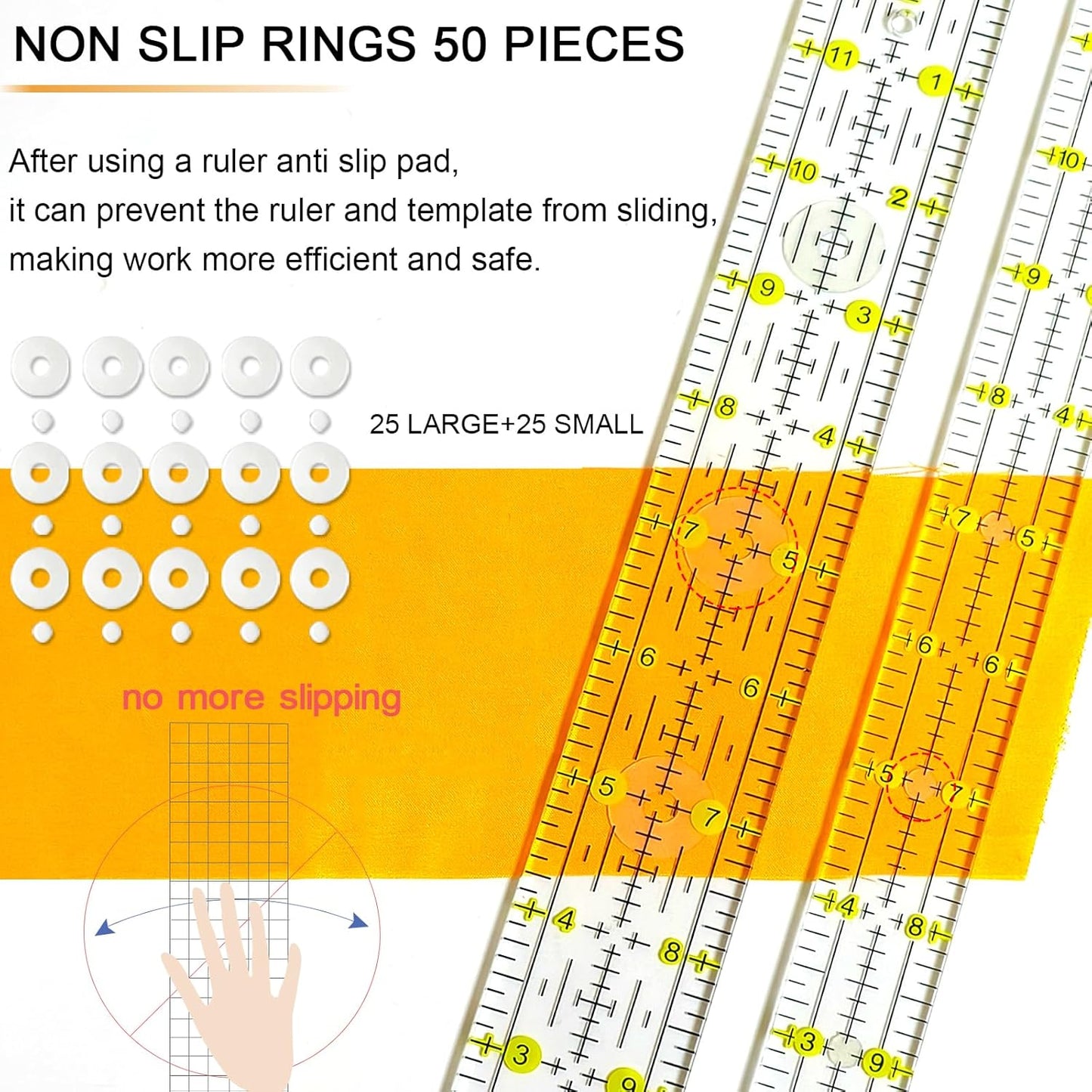 Quilting Ruler, Sewing Ruler, 8 Pack, Acrylic Quilting Templates(6"x17", 3"x17", 2"x16", 1.5"x12", 1"x12", 1"x6", 8"x3"), Non Slip Rings 25 Pieces, Sewing and Quilting Supplies - Clear/Yellow