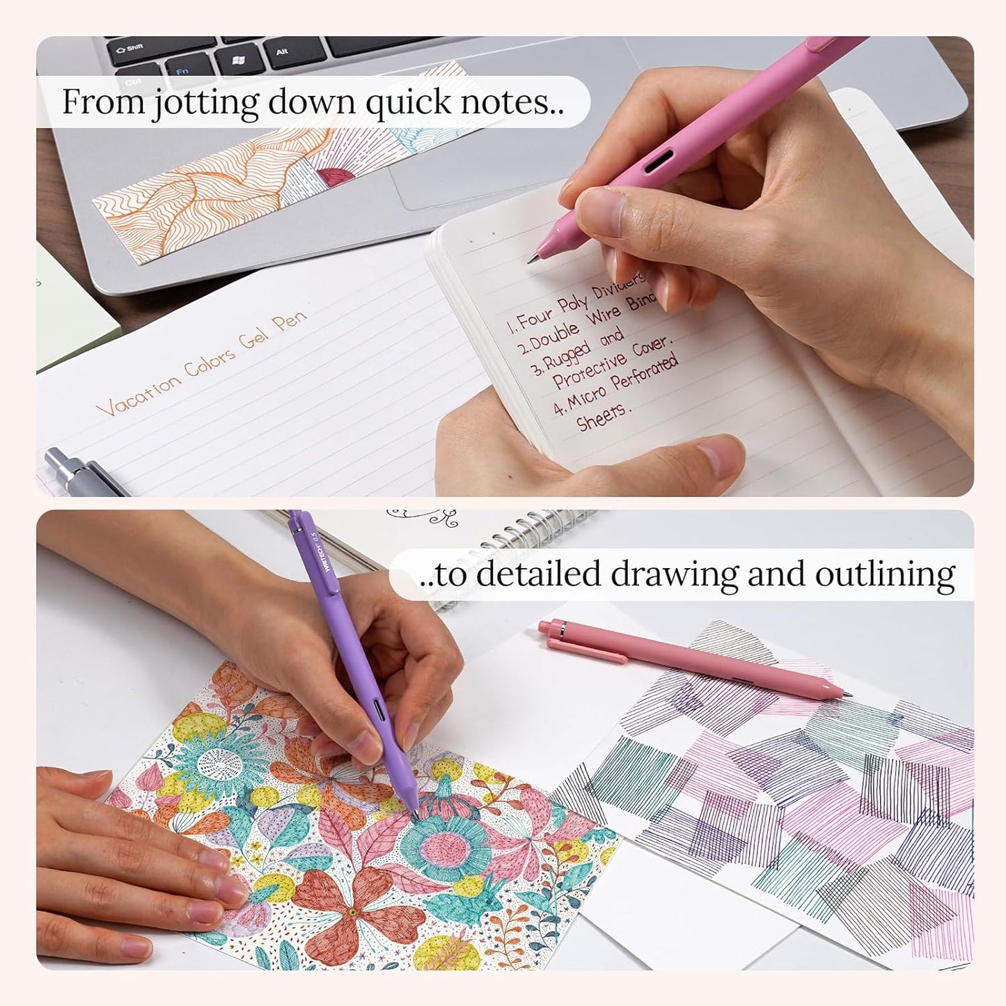 WRITECH Fine Point Gel Pens: 8ct 0.5mm Multi Colored Ink Colors Retractable Pen for Smooth Writing Note Taking Journaling Assorted Coloring No Bleed & Smear & Smudge (Vintage Set)