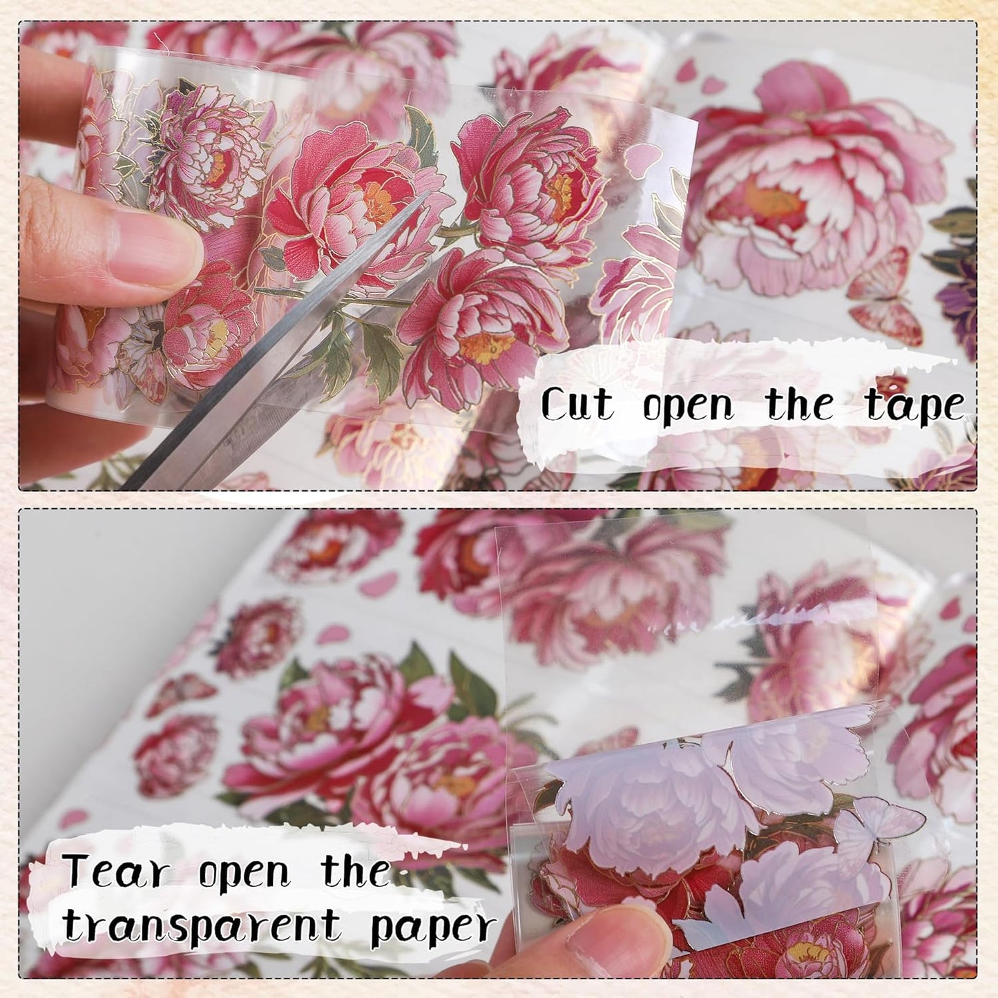 PET Tapes - Pink Flower Scrapbook Supplies, Transparent Floral Tapes for Junk Journal Planner