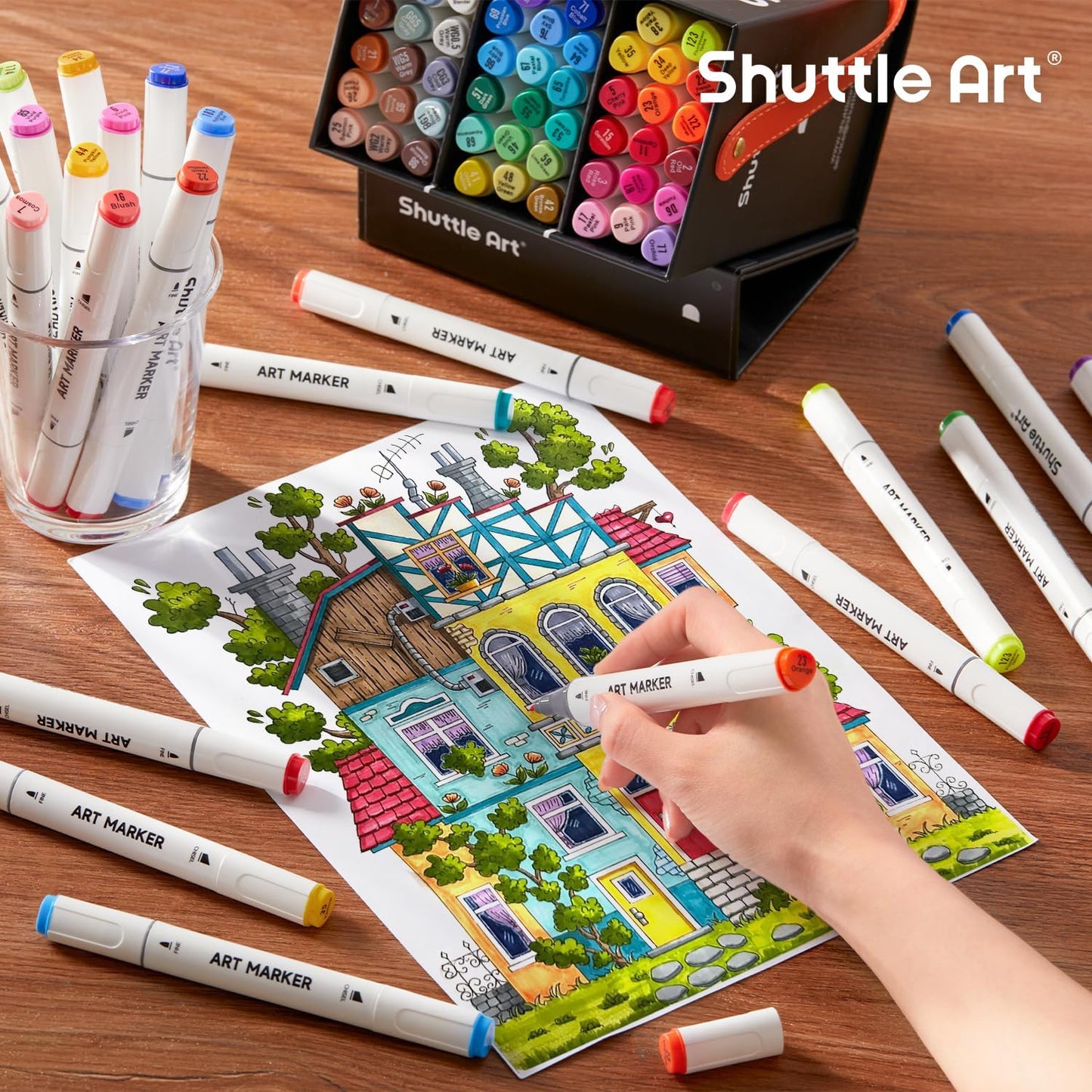 Shuttle Art 51 Colors Alcohol Markers, 50 Colors Dual Tip Art Marker Set Plus 1 Colorless Blender with Marker Case Perfect for Illustration Students Adult Coloring Sketching