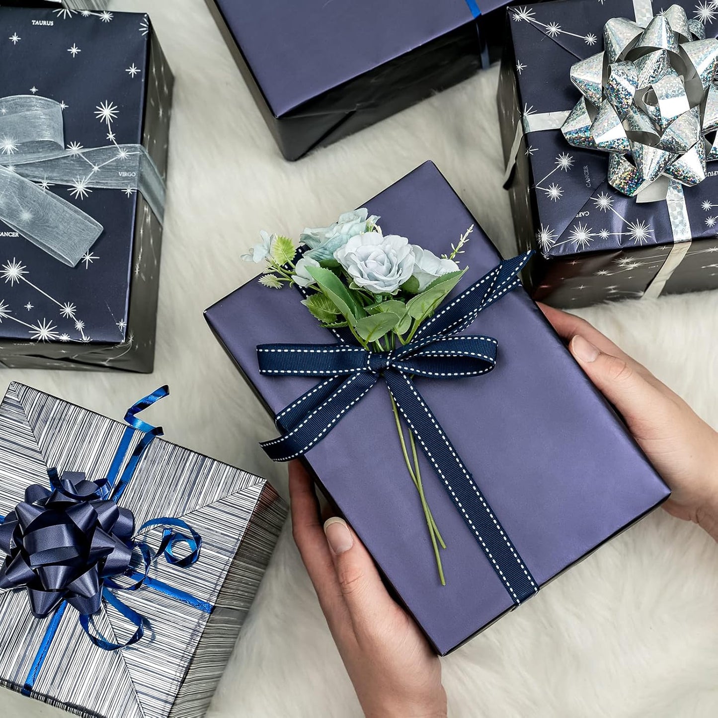 WRAPAHOLIC 30 Inch Navy Blue Wrapping Paper - Jumbo Roll Navy and Silver Constellation Wrapping Paper for Men, Birthday, Holiday, Father's Day, Baby Shower - 3 Rolls - 30 Inch x 120 Inch Per Roll