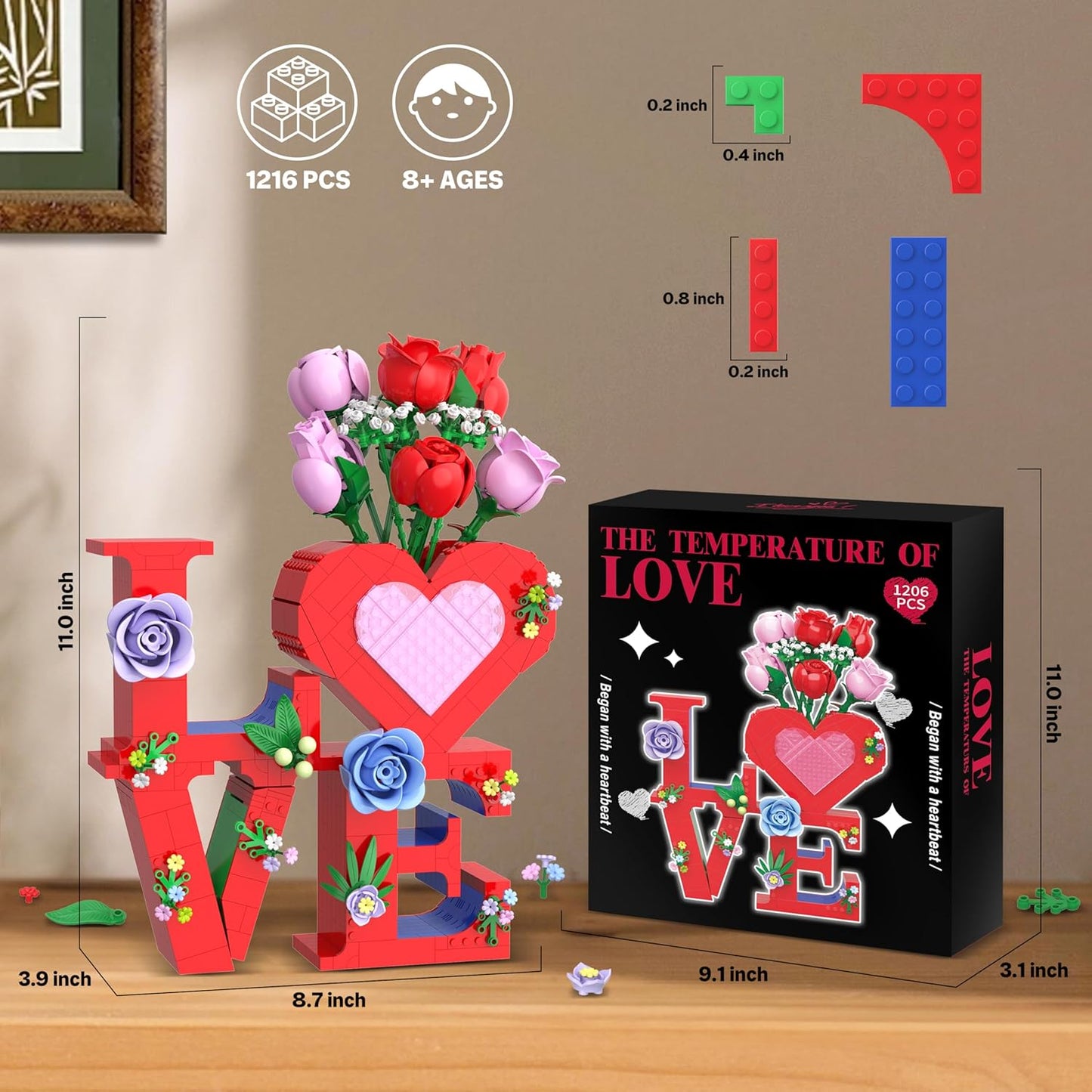 Romantic Love Heart Vase Building Set - 1216 Pcs Rose Flower Bouquet Building Kit for Adults - Creative Anniversaries Gifts for Women & Men, Unique Valentine’s Day Gifts for Her Him