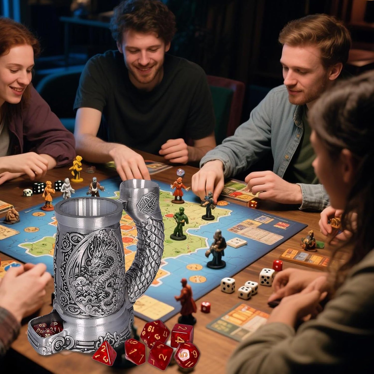 Dice Tower Mug, Dice Rolling Tower, Comes with 7 PCS Dice Set, Suitable for DND Dungeons and Dragons, Tabletop Games, Available As Drink Holder, D&D Gifts, DND Accessories (Silver-Dragon)