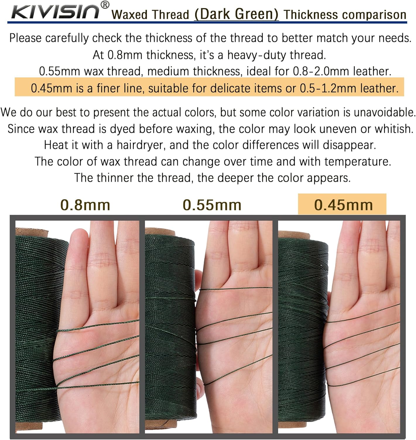 Thin Round Waxed Thread 0.45mm, 600 Yards, Dark Green, Light Duty Polyester Wax Coated String for Leather Sewing, Upholstery, Beading, Micro Knotting, Bracelets and Macrame Jewelry Making