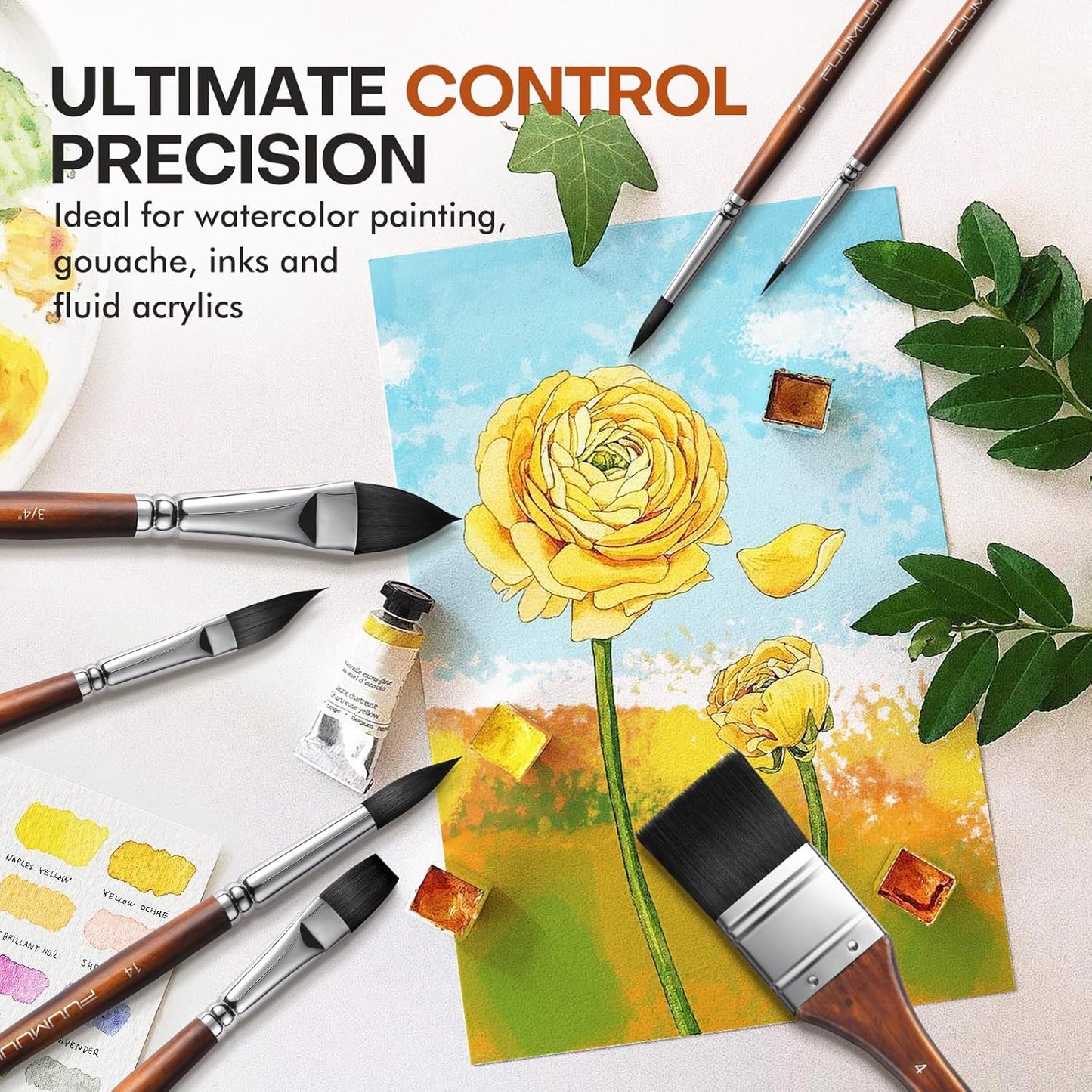 Watercolor Brushes Professional, Fuumuui 10Pcs Synthetic Squirrel Hair Watercolor Paint Brush Set for Artists with Wide Flat, Round, Detail, Dagger, Cat's Tongue for Watercolor Gouache Inks Painting