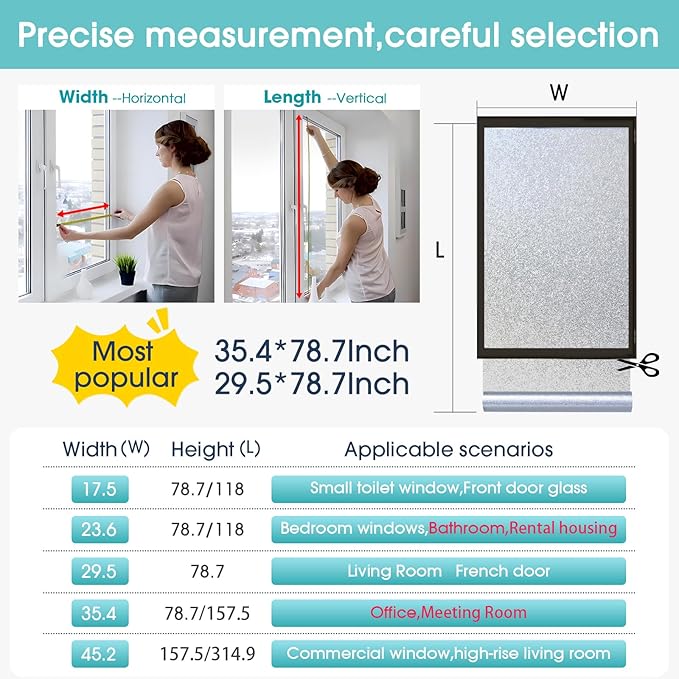 Coavas Window Privacy Film Frosted Glass Static Clings, Decorative Bathroom Door Privacy Film Day and Night, Heat UV Blocking Anti-Glare Frosting Stickers Renter Non-Adhesive, 23.6 x157.5 Inch, Silver