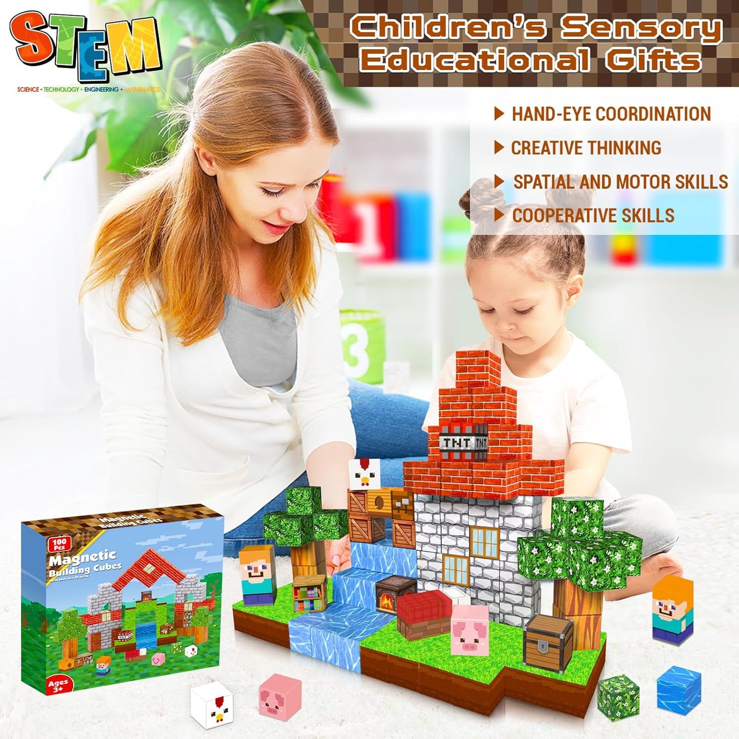 Magnetic Blocks-100PCS Grassland Building Blocks Set, Kids Classroom Sensory Toy, STEM Learning, Construction Stacking Toy for Kids 3+ Boys & Girls