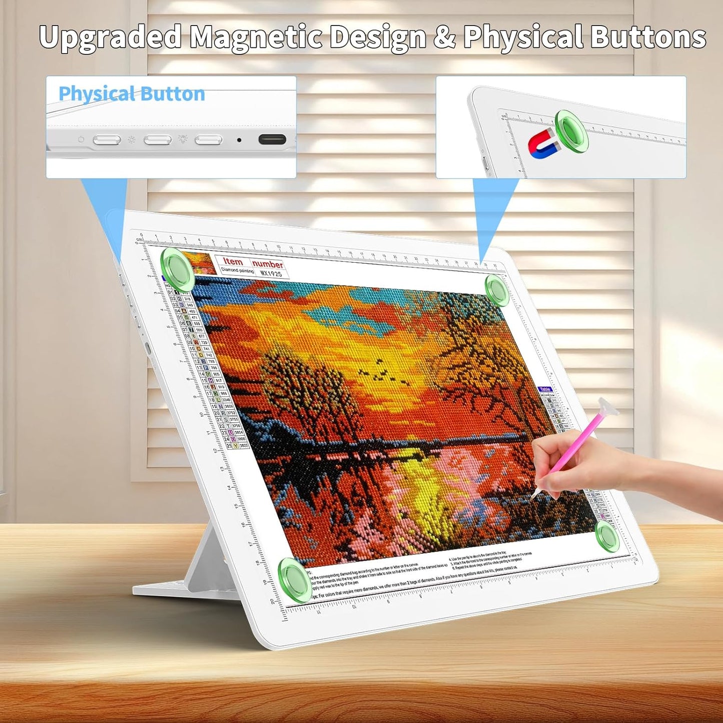 TOHETO Rechargeable A4 Light Board with Stand, Super Bright Magnetic Light Pad with Side Buttons, Wireless Light Box for Tracing and Drawing, Cordless LED Light Table for Diamond Painting White