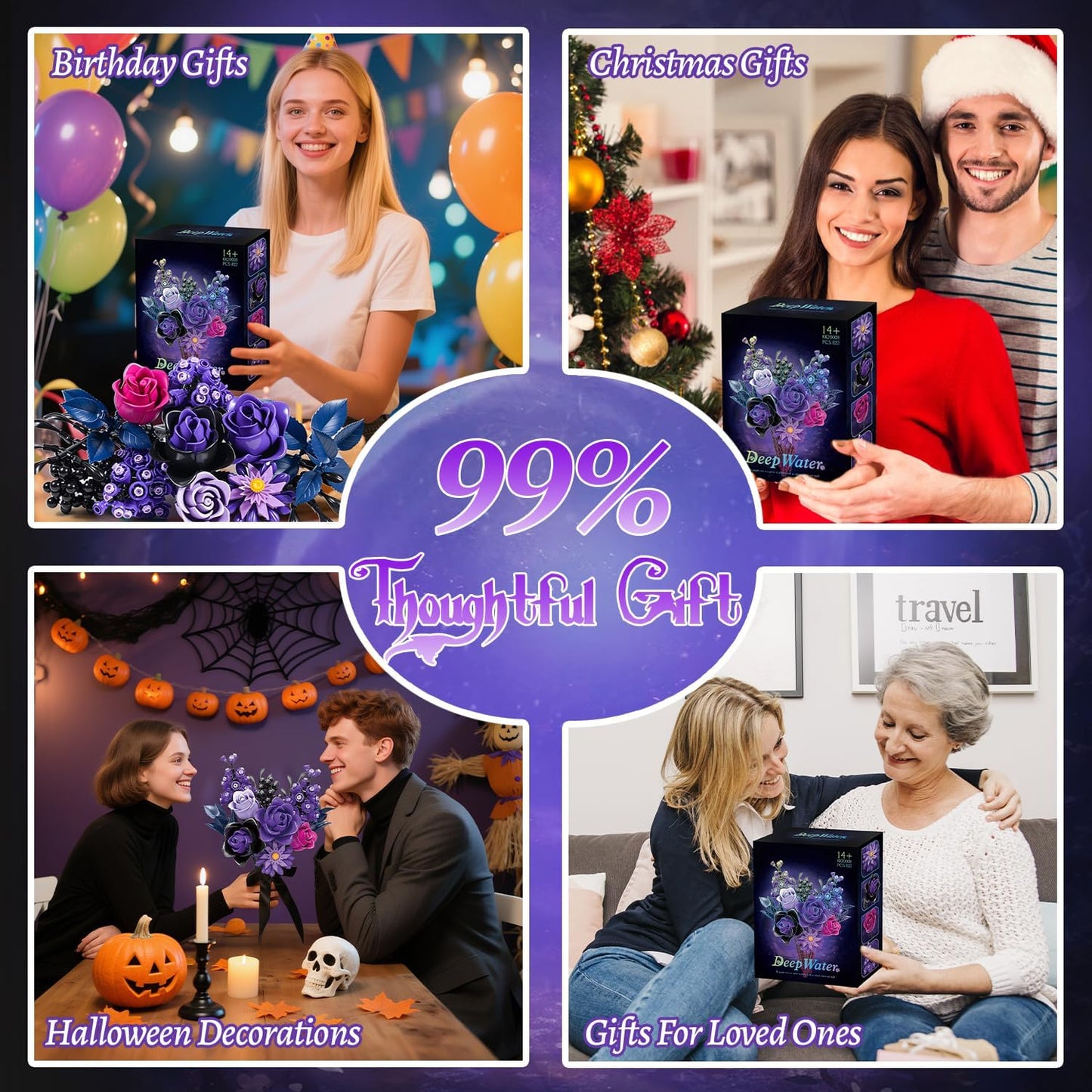 Gohero Purple Roses Building Blocks Set (822PCS) - Lego Compatible Flowers for Adults, Gothic Home Decor, for Women & Teen Girls, Making It an Ideal Gift for Halloween, Valentine's Day.