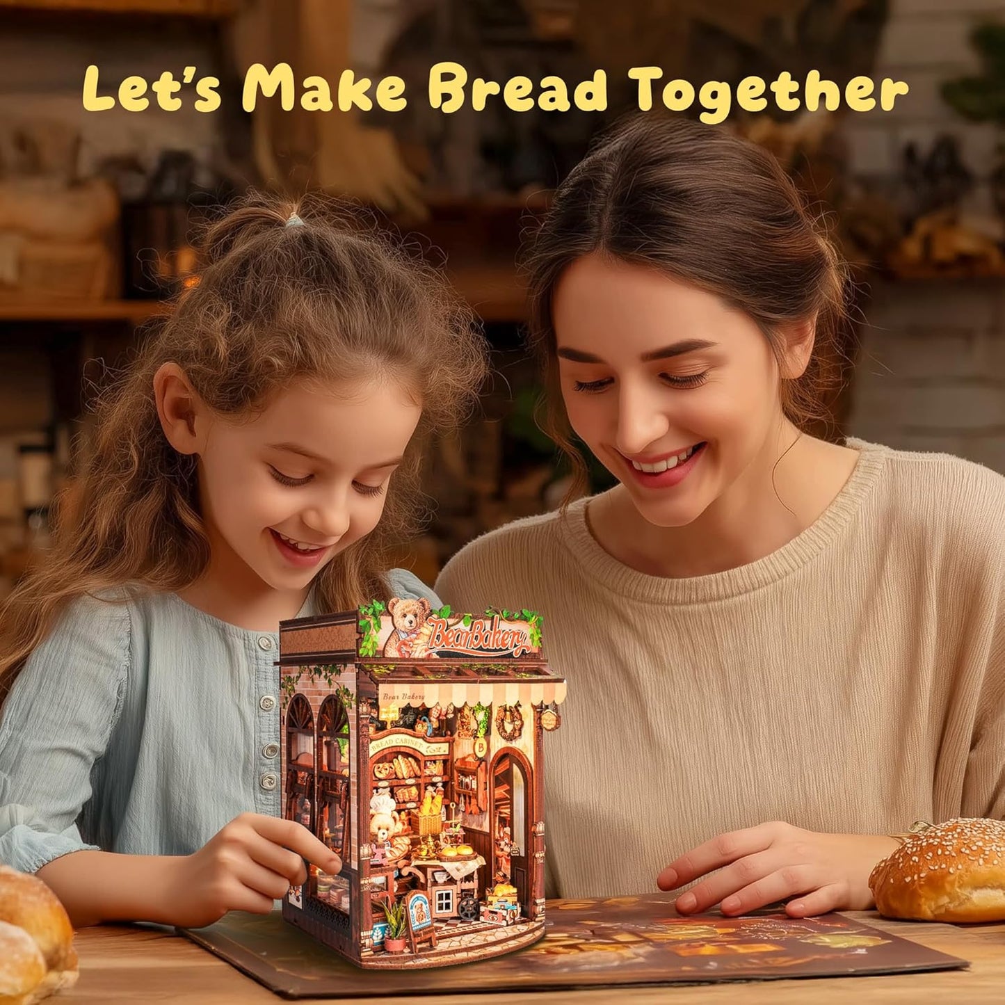 3D Wood Puzzle Bear Bakery LED Dollhouse Book Nook Kit - Miniature Bookshelf Insert DIY Home Decor Gift for Kids and Adults (Bear Bakery)