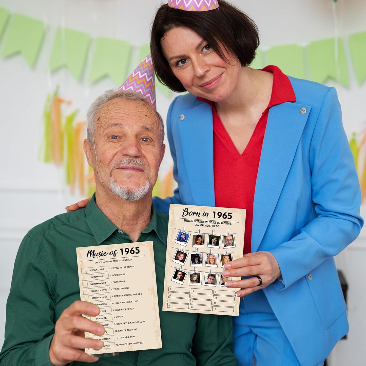 QUPT 60th Birthday Party Games, Set of 5 Activities for 10 Guests, Born in 1965 Games Bundle, Birthday Party Supplies for Adults, Pack of 50 Cards