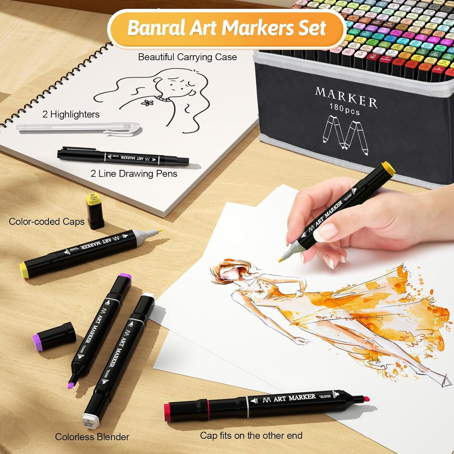 Banral Alcohol Markers Set, 180 Colors Dual Tip Alcohol Based Art Marker for Artists, Permanent Drawing Pens for Adult Coloring Sketching Illustration with Case and Holders