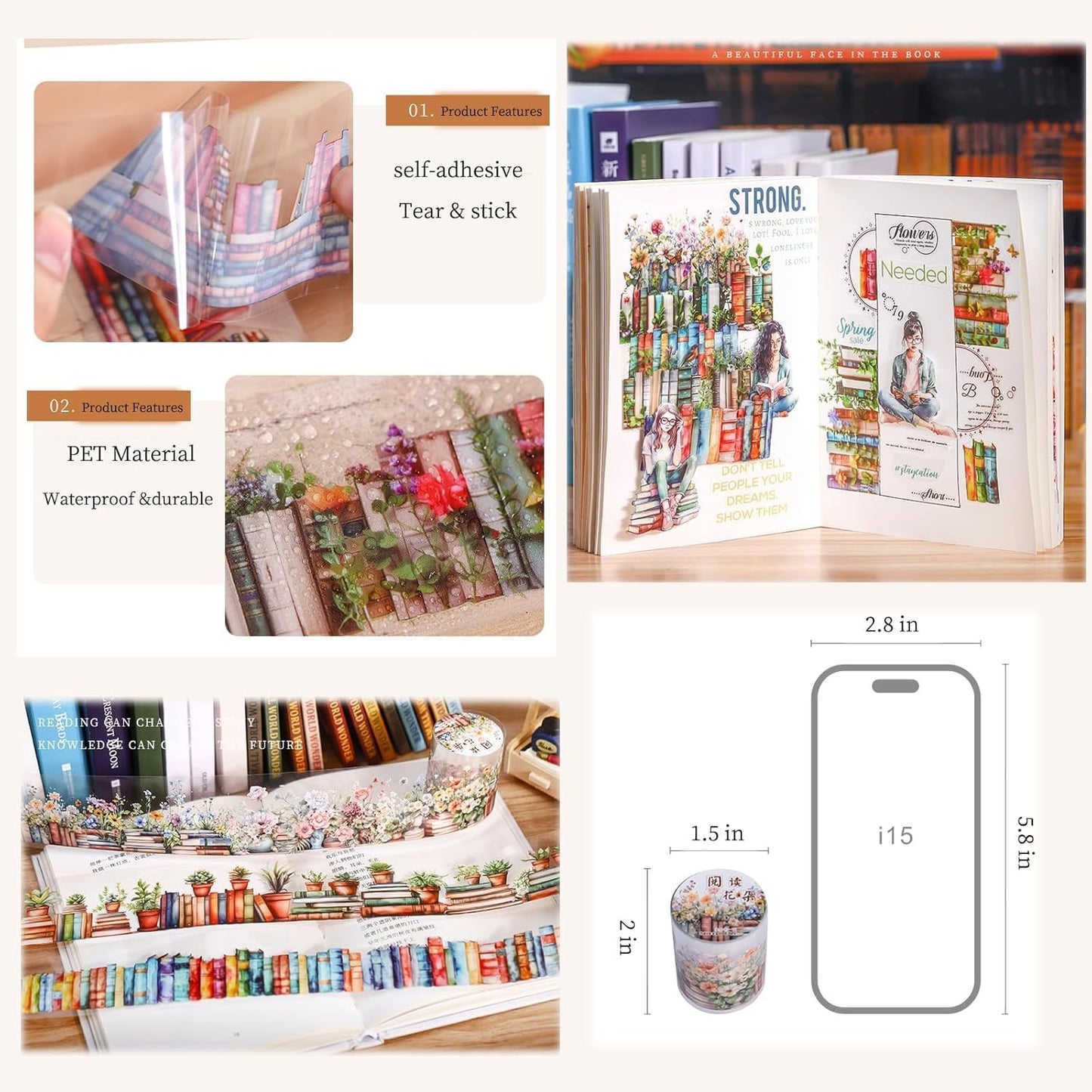 6 Rolls PET Washi Tape Set,Reading Themed Scrapbook Tape Stickers for Journaling,Junk Journal,Planner,DIY Arts Crafts,Notebook,Photo Frame,Phone Case(Book)