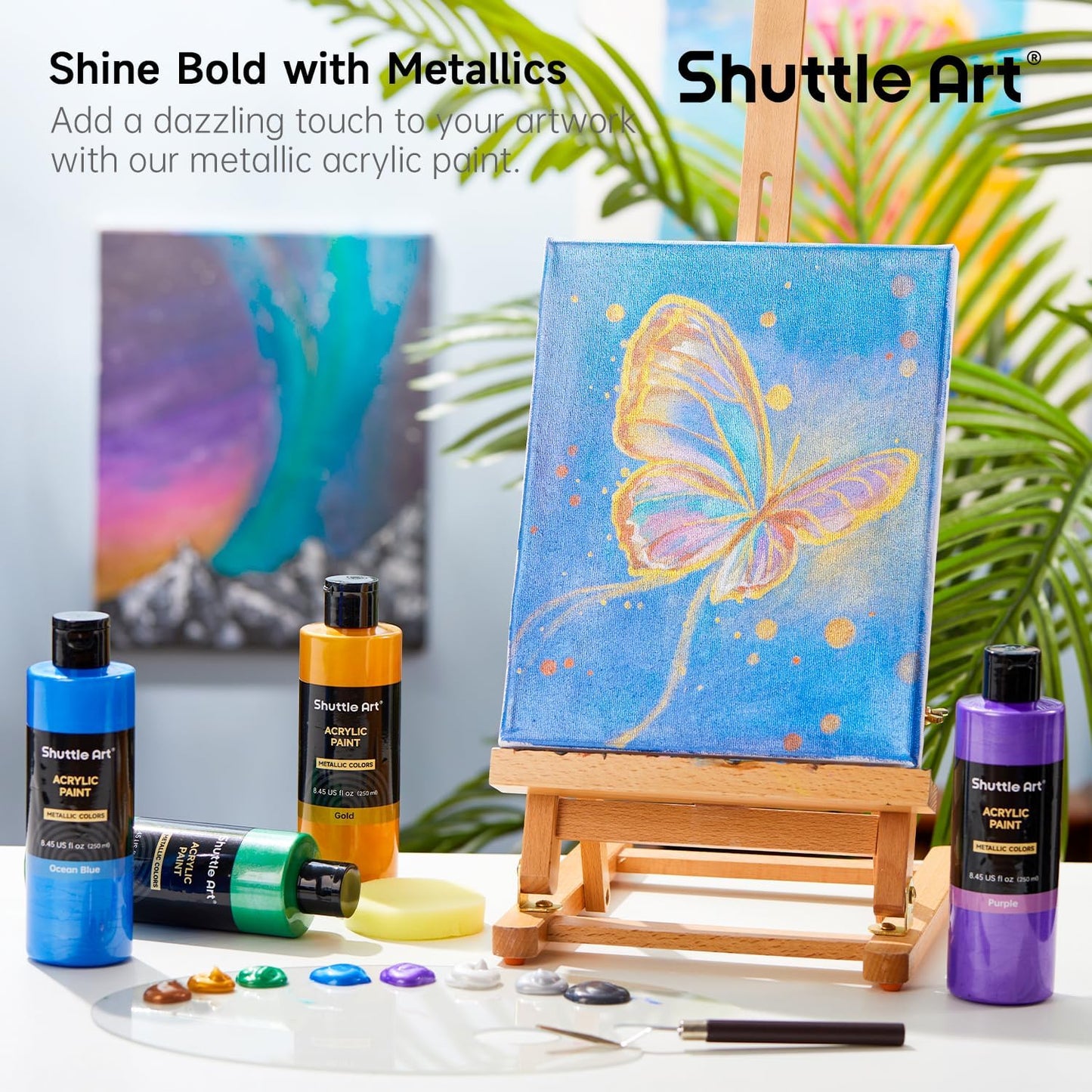 Shuttle Art 8 Colors Metallic Acrylic Paint, 250ml/8.45oz Bottles Acrylic Paint Set, Rich Metallic Shade, Bulk Painting Supplies for Artists, Beginners and Kids Painting on Rocks Crafts Canvas Wood