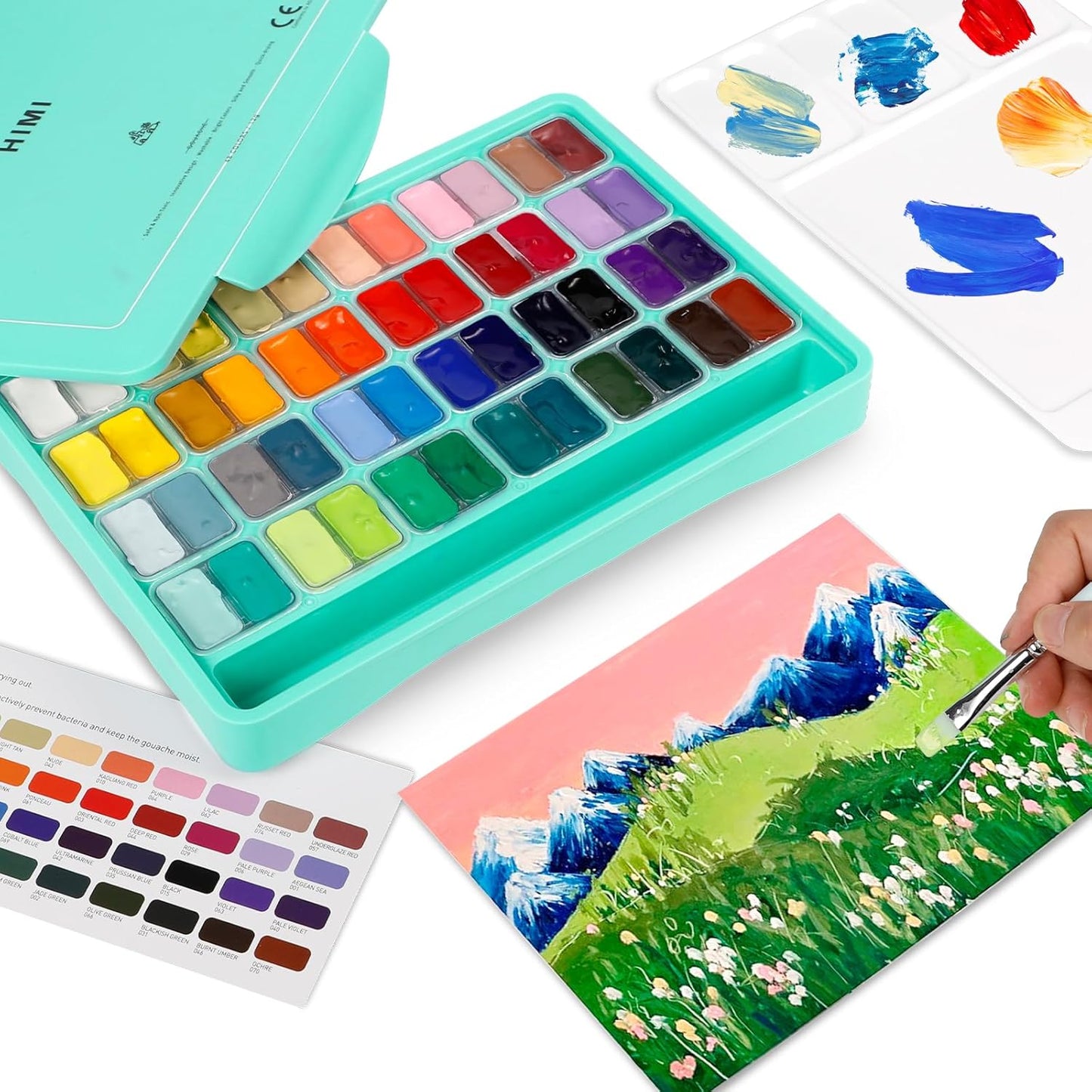 HIMI Gouache Paint Set, 48 Colors x 0.4oz, Twin Cup Jelly Design, bouns 3 Brushes & a Palette, Non-Toxic, Opaque Guache Paint for Canvas and Watercolor Paper - Perfect for Beginners, Students, Artists