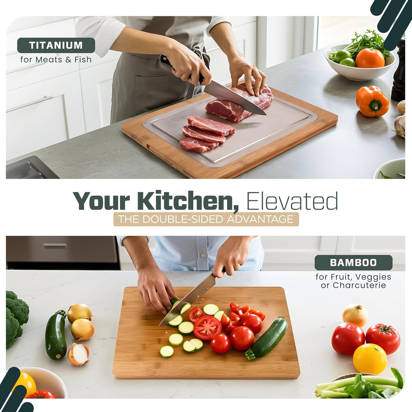 Pure Titanium Cutting Board - Double-Sided Titanium Cutting Board for Kitchen with Bamboo Side - Large 16"x12"