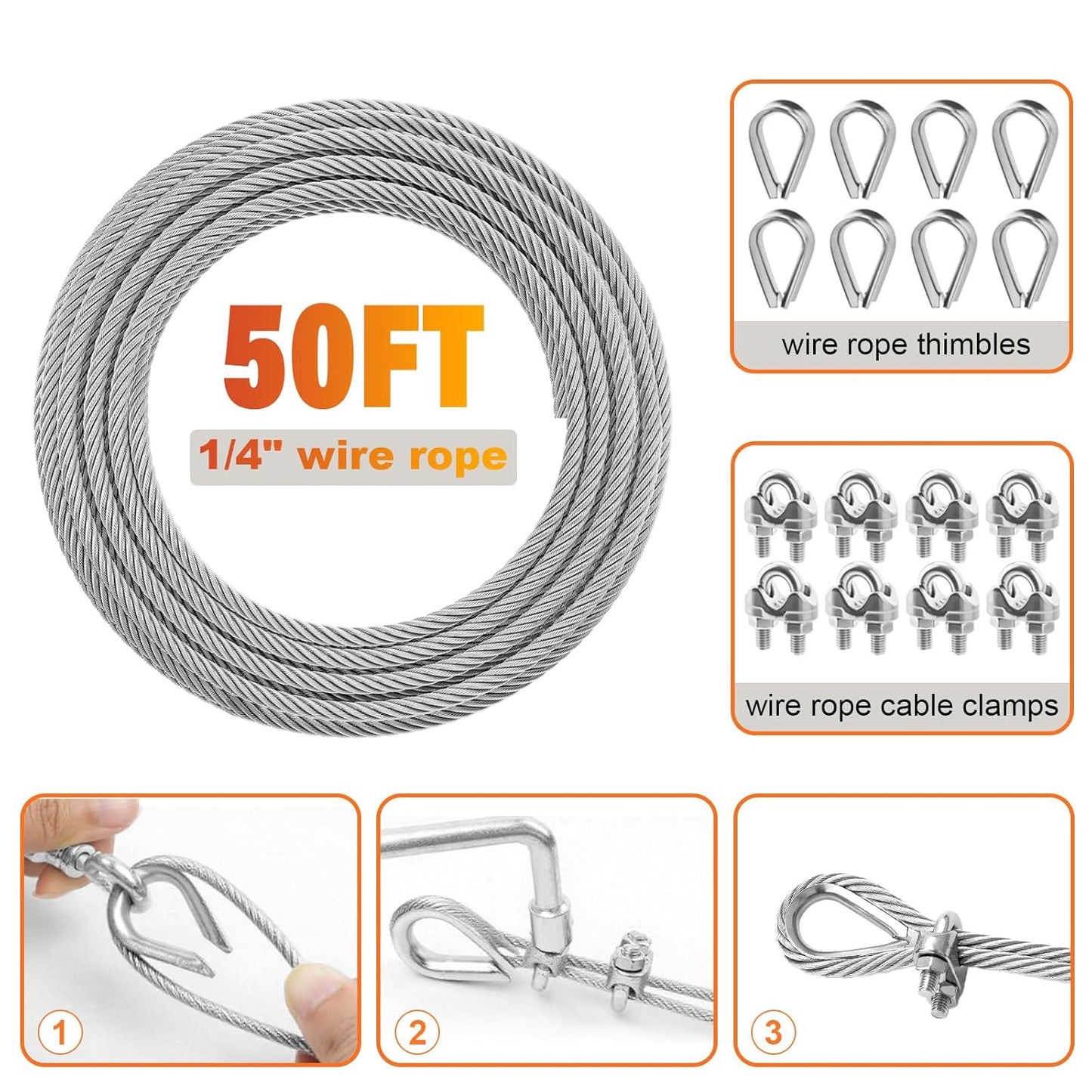 Stainless Steel Cable for Railing - 50FT 1/4" T316 Wire Rope with Clamps and Thimbles - 7 x 19 Strands 6700 LBS Breaking Strength for Outdoor Deck Railing Zipline