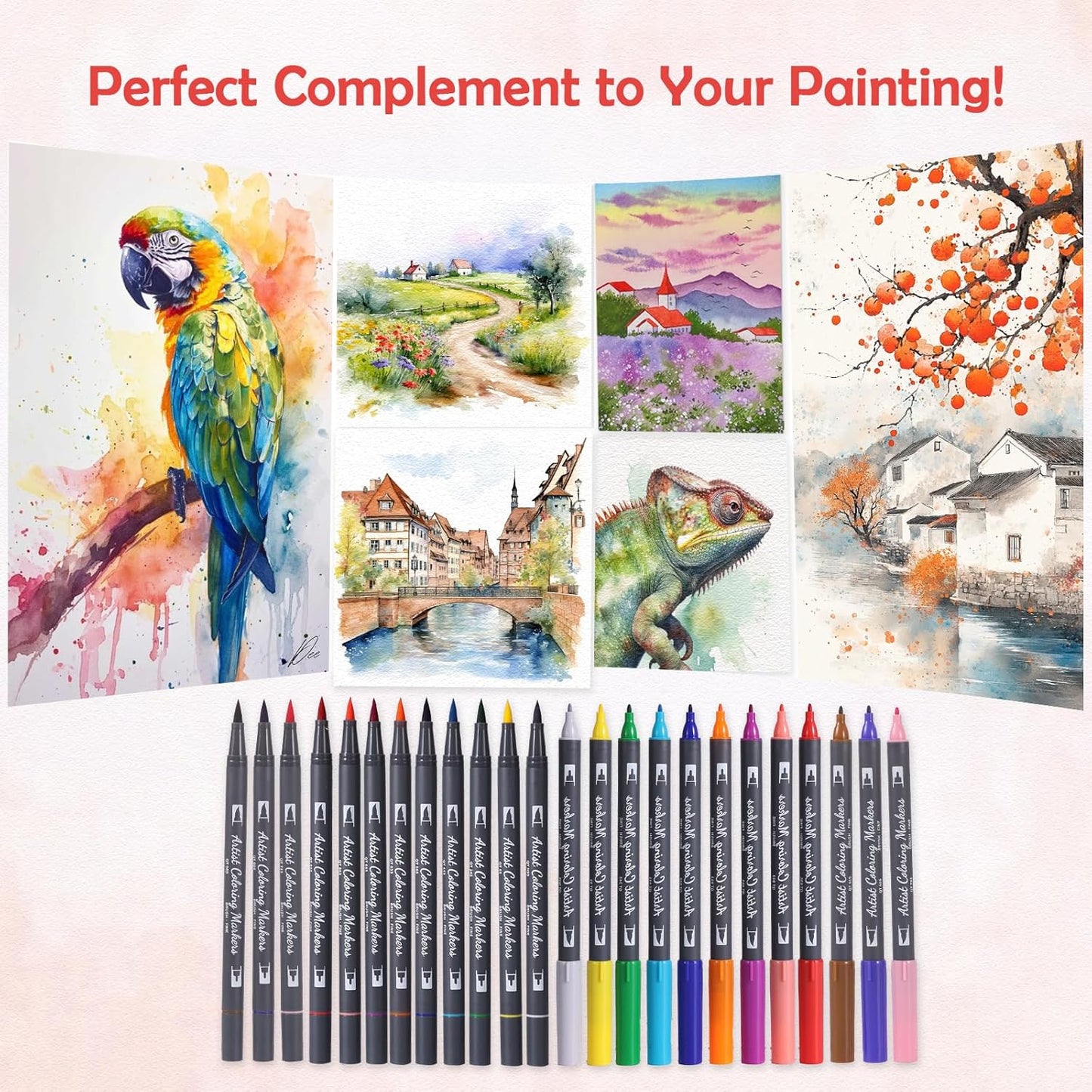 24 Colors Blendable Watercolor Markers 2025 Upgrade Double Tip Paint Pens with 1 Water Brush Pen Water Based Coloring Pens Drawing Markers Set with Flexible Brush Tip for Artists and Beginners