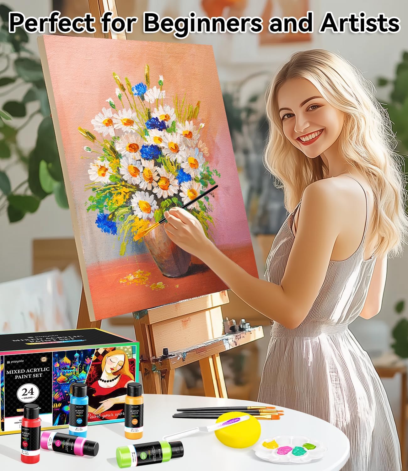 40 PCS Classic & Glow in the Dark Acrylic Paint Set with 12 Brushes, 2 Knives & Palette, 24 Colors Art Craft Paint for Beginners, Halloween Pumpkin Canvas Ceramic Rock Painting Kit