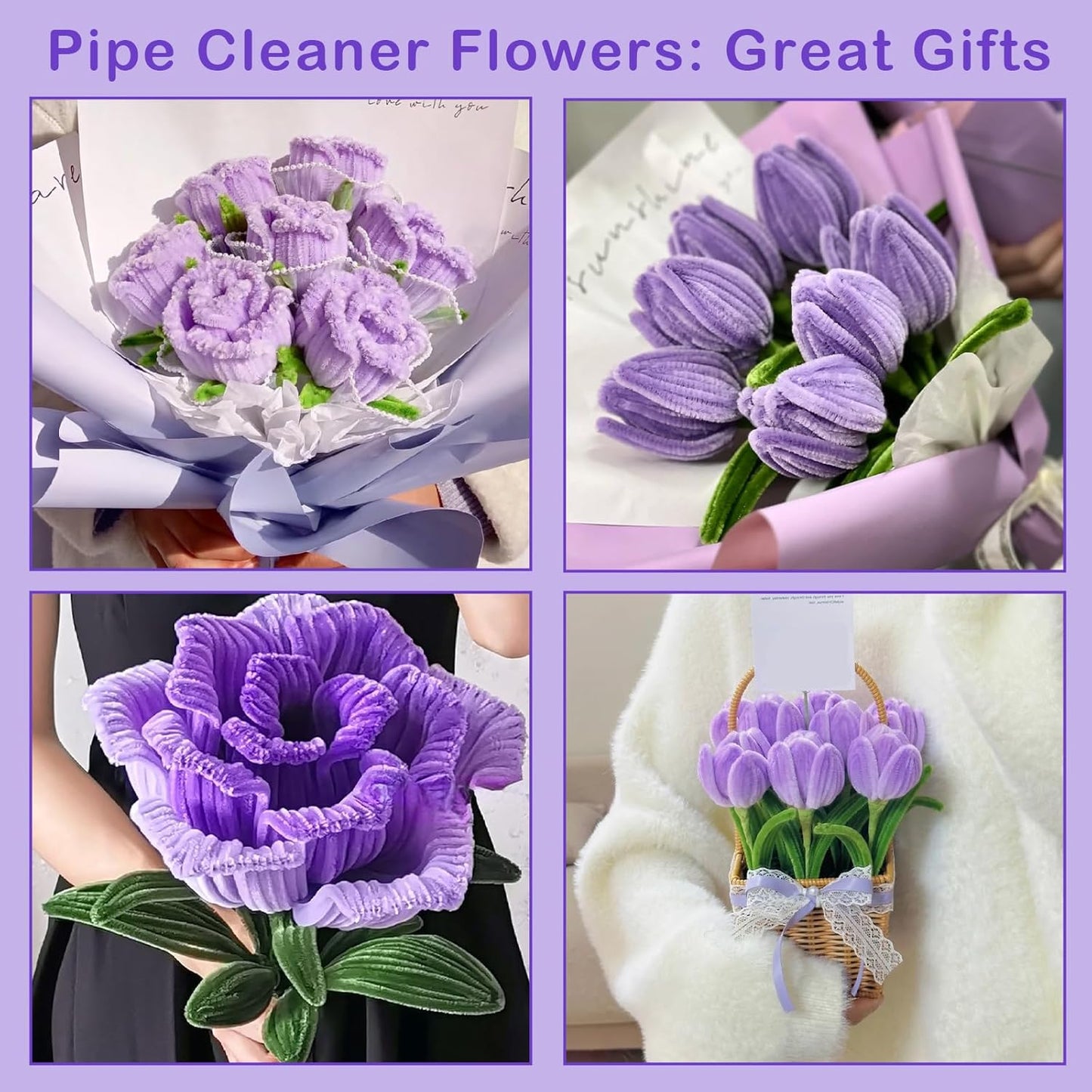 600 Pcs Purple Pipe Cleaners Craft for Flowers,Multiple Assorted Colors Pipe Cleaners Bulk, Chenille Stems for DlY Flower Making Kit.Pink Pipe Cleaners Craft Set(Purple)