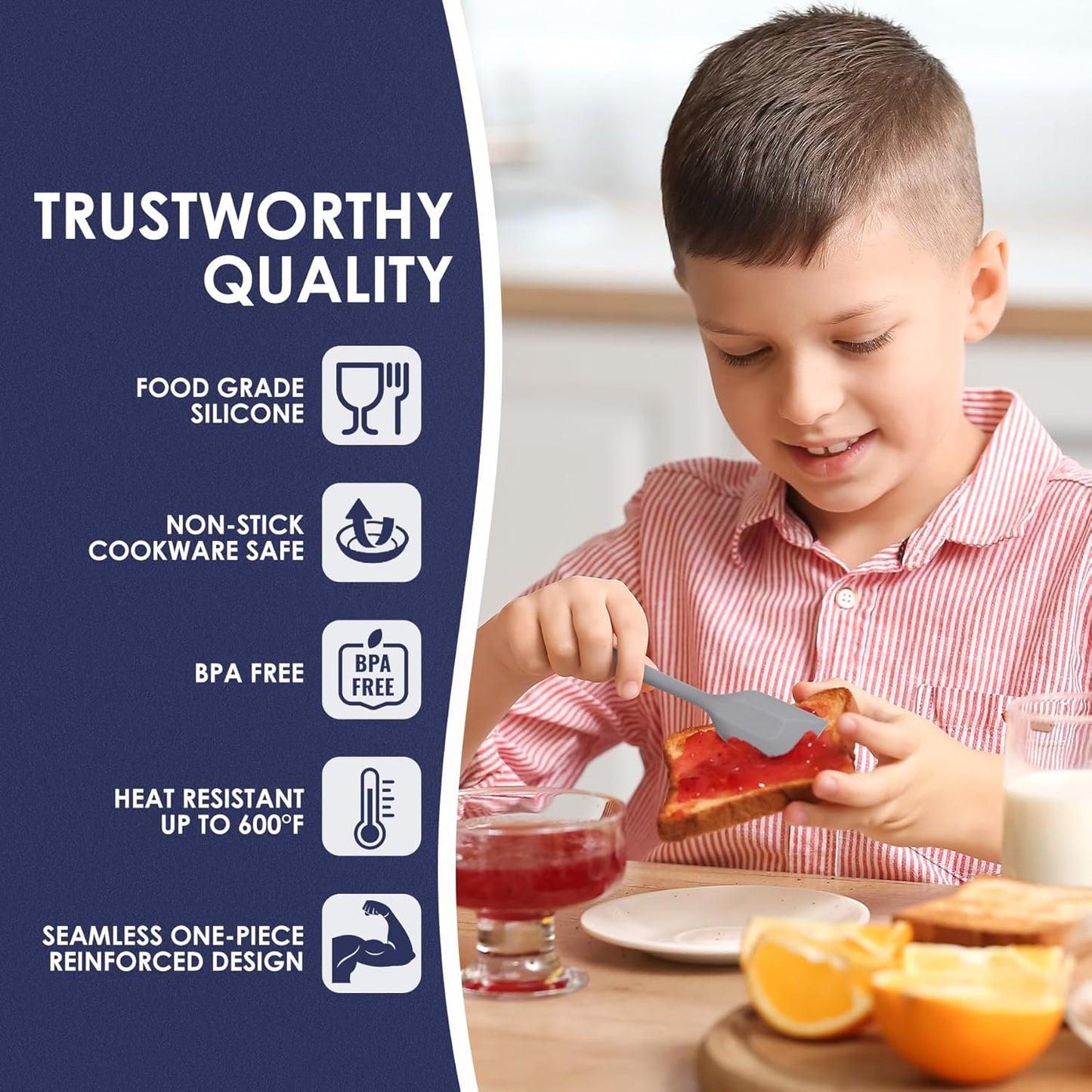 Heat Resistant 600℉ Silicone Spatula, Turner Mixing Spatulas set BPA Free Dishwasher Safe for Nonstick Cookware, Grey