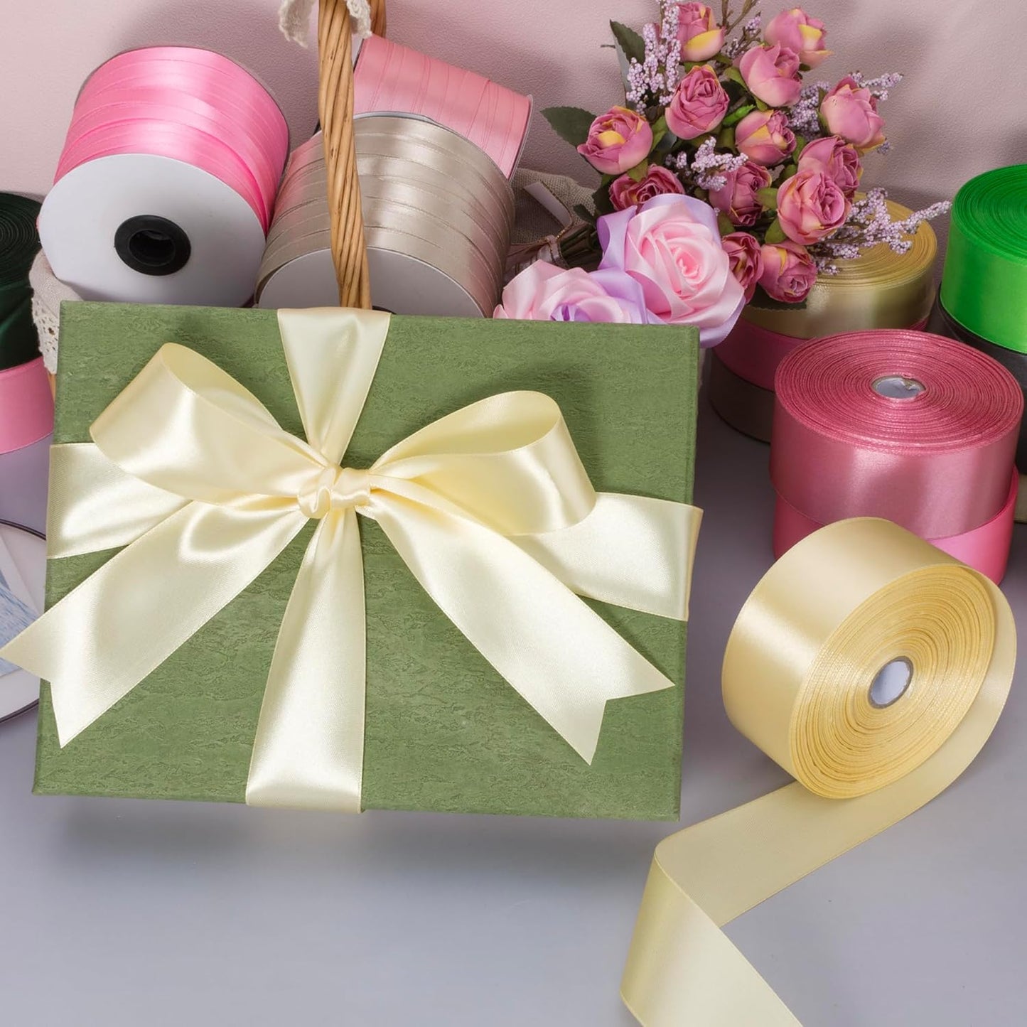 1 1/2 Inch Cream Yellow Solid Satin Ribbon, 50 Yards Craft Fabric Ribbon for Gift Wrapping Floral Bouquets Wedding Party Decoration