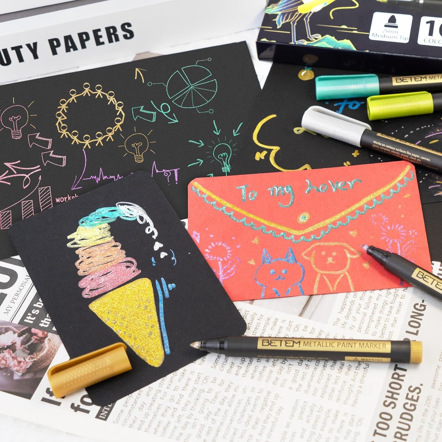 Betem Metallic Paint Markers, 18 Colors Acrylic Paint Metallic Markers for Black Paper, 2mm Medium Tips Glitter Pens Scrapbooking Supplies, Pumpkin Painting Kit for Rock Painting, Cards, Photo Albums