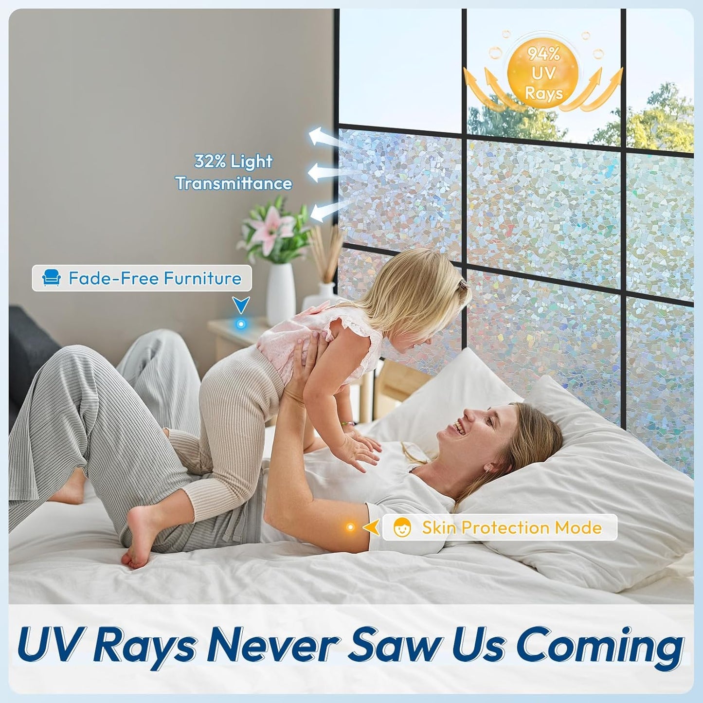 rabbitgoo Rainbow Window Privacy Film Decorative Stained Glass Diamond Pattern Window Sticker with Iridescent Tint Non-Adhesive Static Cling for Home Office Crystal Pattern, 23.6 x 157.4 inch