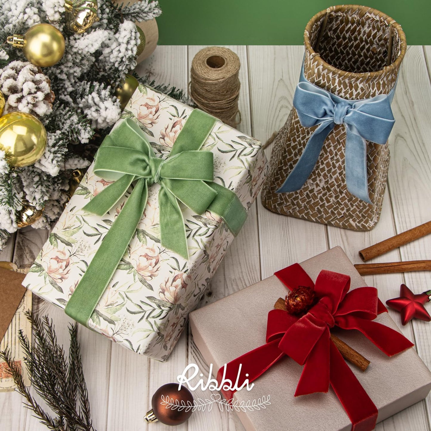 Ribbli Dusty Blue Velvet Ribbon 1 Inches Continuous10 Yard Spool Blue Christmas Ribbon for Gift Wrapping Crafts Home Decor