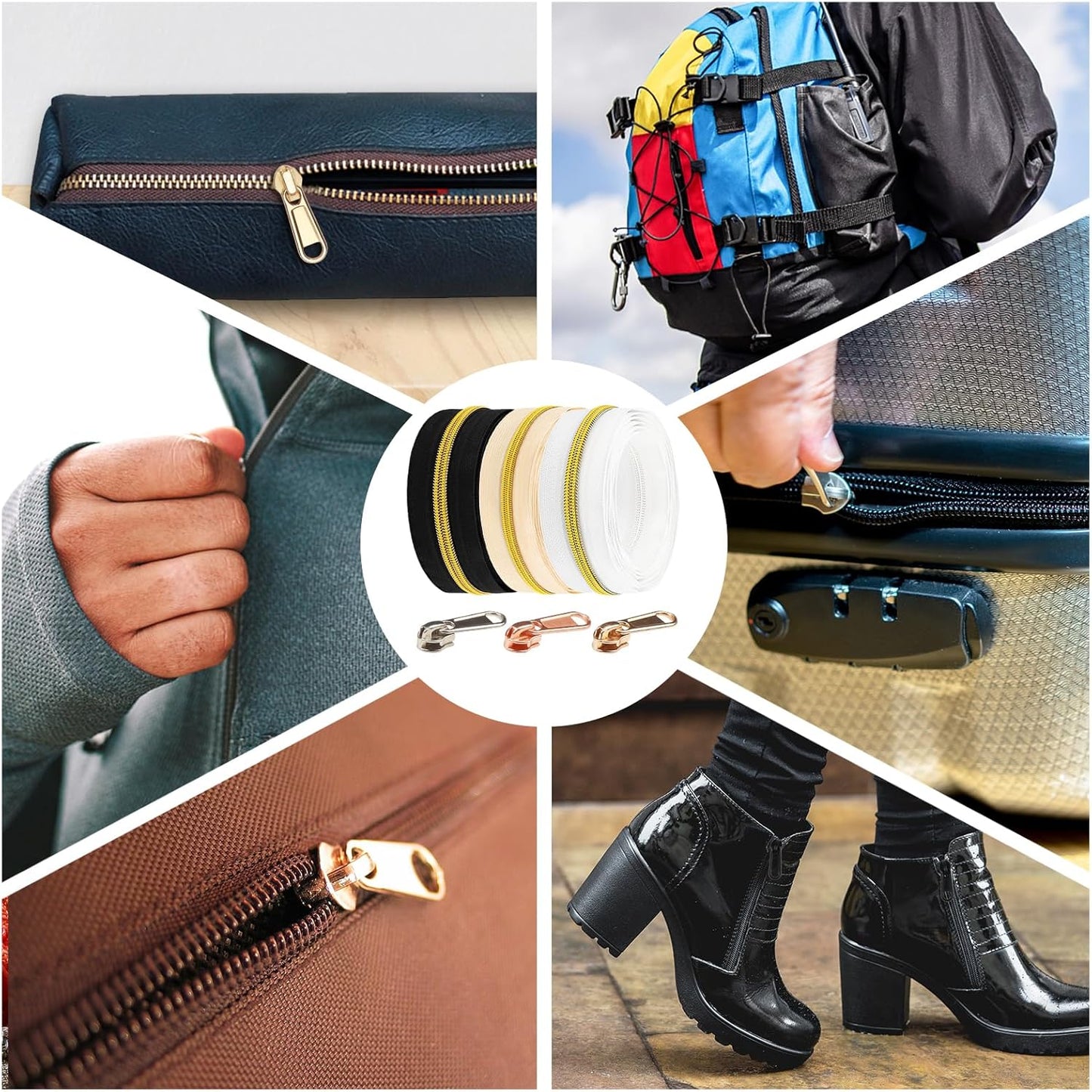 DOITEM 17.8 Yards Endless Zippers by The Meter Black White Zipper 6 mm Spiral + 32 Nonlock Zippers (Gold Silver Rose Gold)