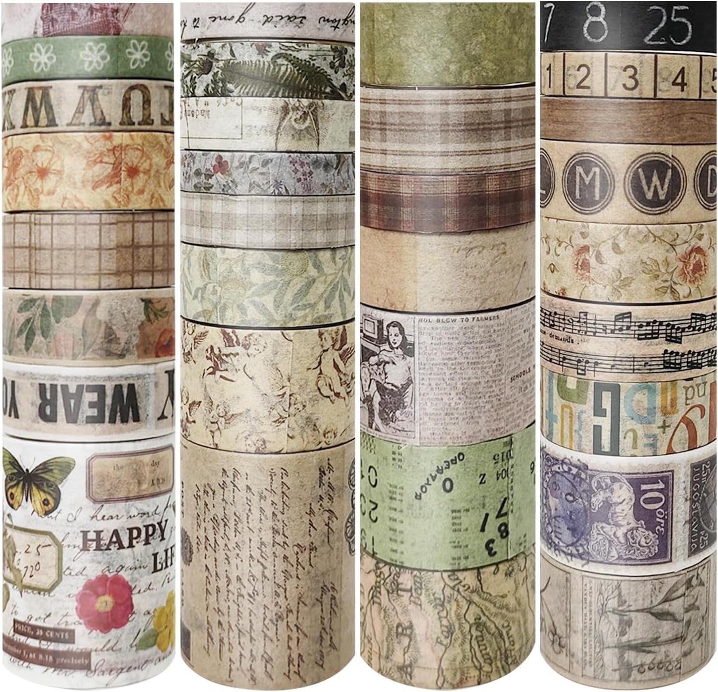 32 Rolls Vintage Washi Tape, Aesthetic Colored Decorative Cute Scrapbook Tape for Scrapbooking Supplies Journaling Craft Junk Journal
