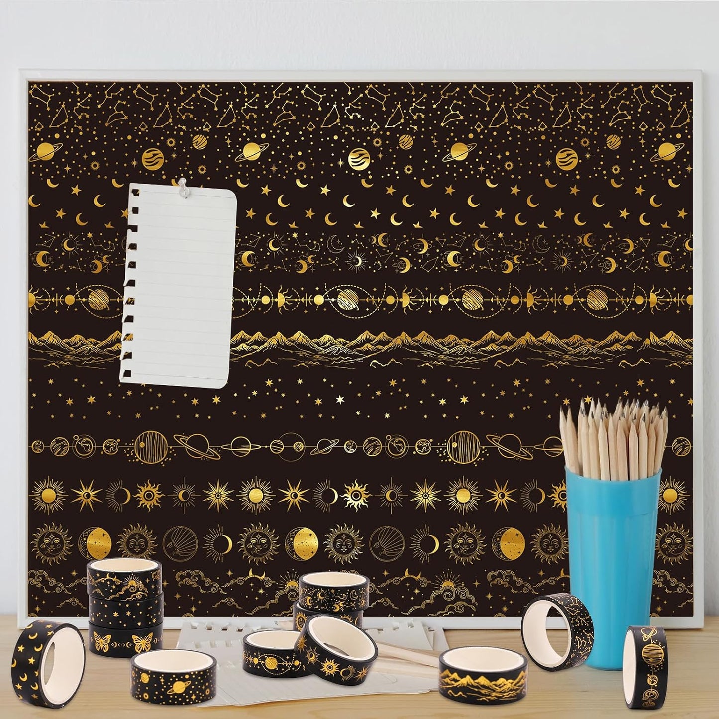 Whaline 12 Rolls Gold Foil Galaxy Washi Tape Black Gold Sun Moon Star Masking Tape Set Decorative Wrapping Paper Tapes for Scrapbook Journal DIY Art Crafts
